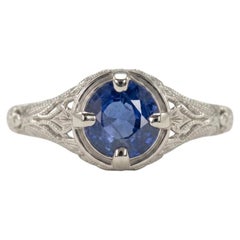 1 Carat Natural Blue Sapphire Vintage Style Filigree Solitaire Ring