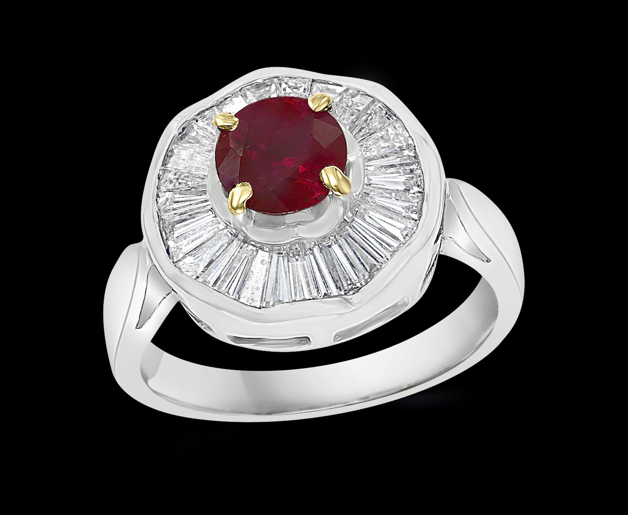 A classic, Cocktail ring 
over 1  Carat of very clean   natural  Burma  Ruby  and Diamond Ring
Burma Ruby 
18 K white Gold: 7.3 gram
Stamped 18 K
Ring Size 7 ( can be altered )
Diamonds:  approximate 2.0 Carat , all baguette are making a Circle 