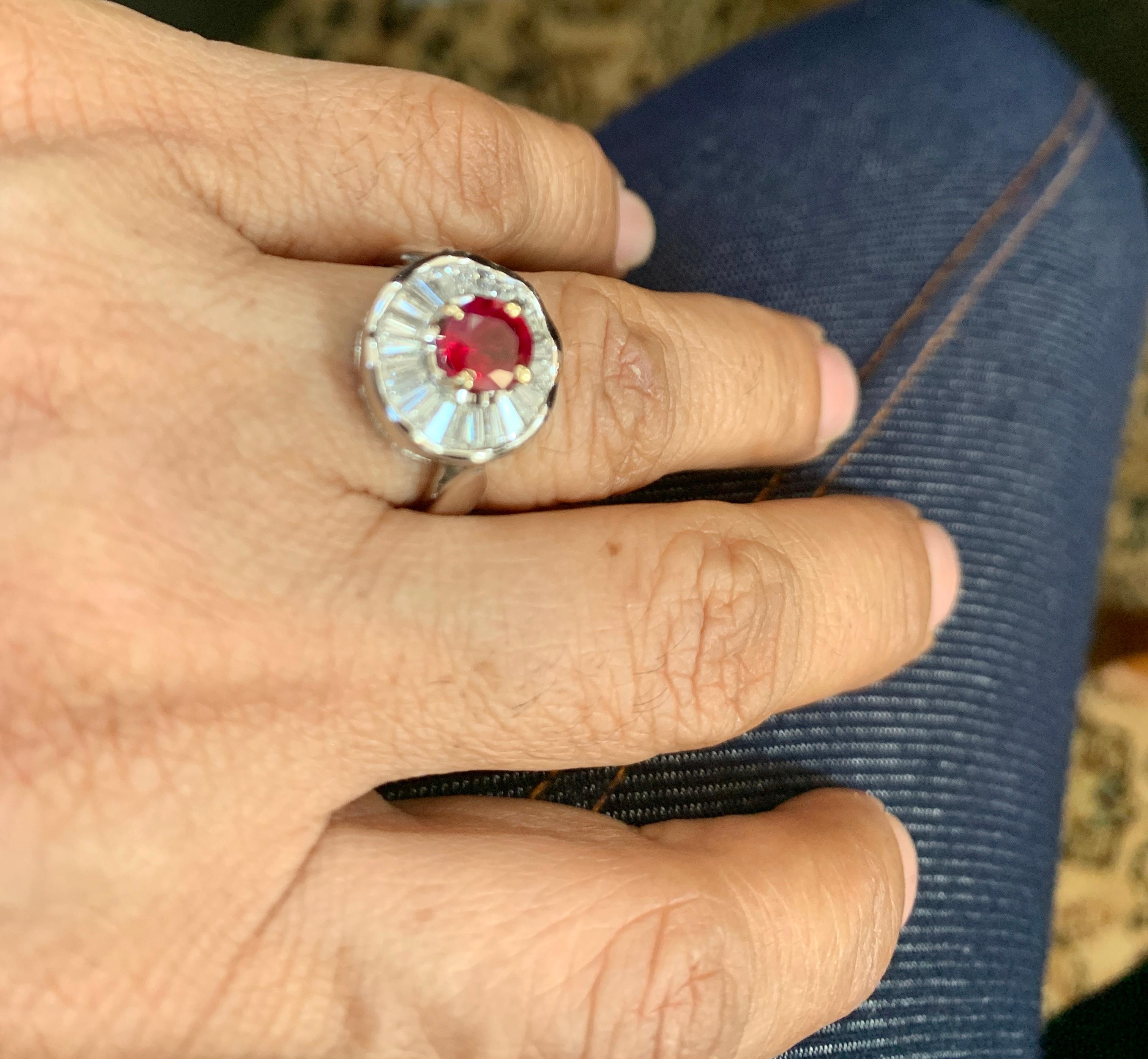 Round Cut 1 Carat Natural Burma Ruby and Baguette Diamond 18 Karat White Gold Ring