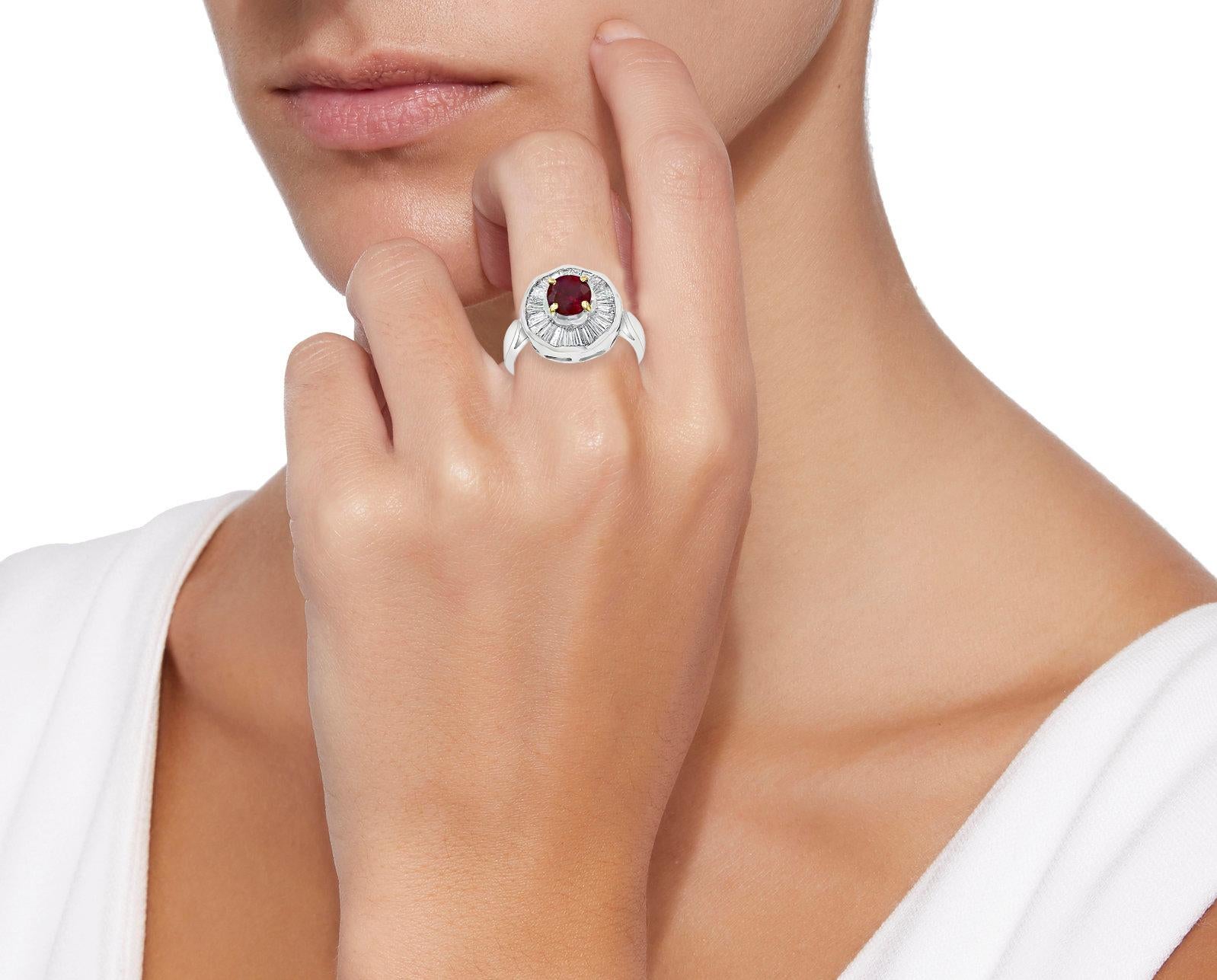 1 Carat Natural Burma Ruby and Baguette Diamond 18 Karat White Gold Ring 2