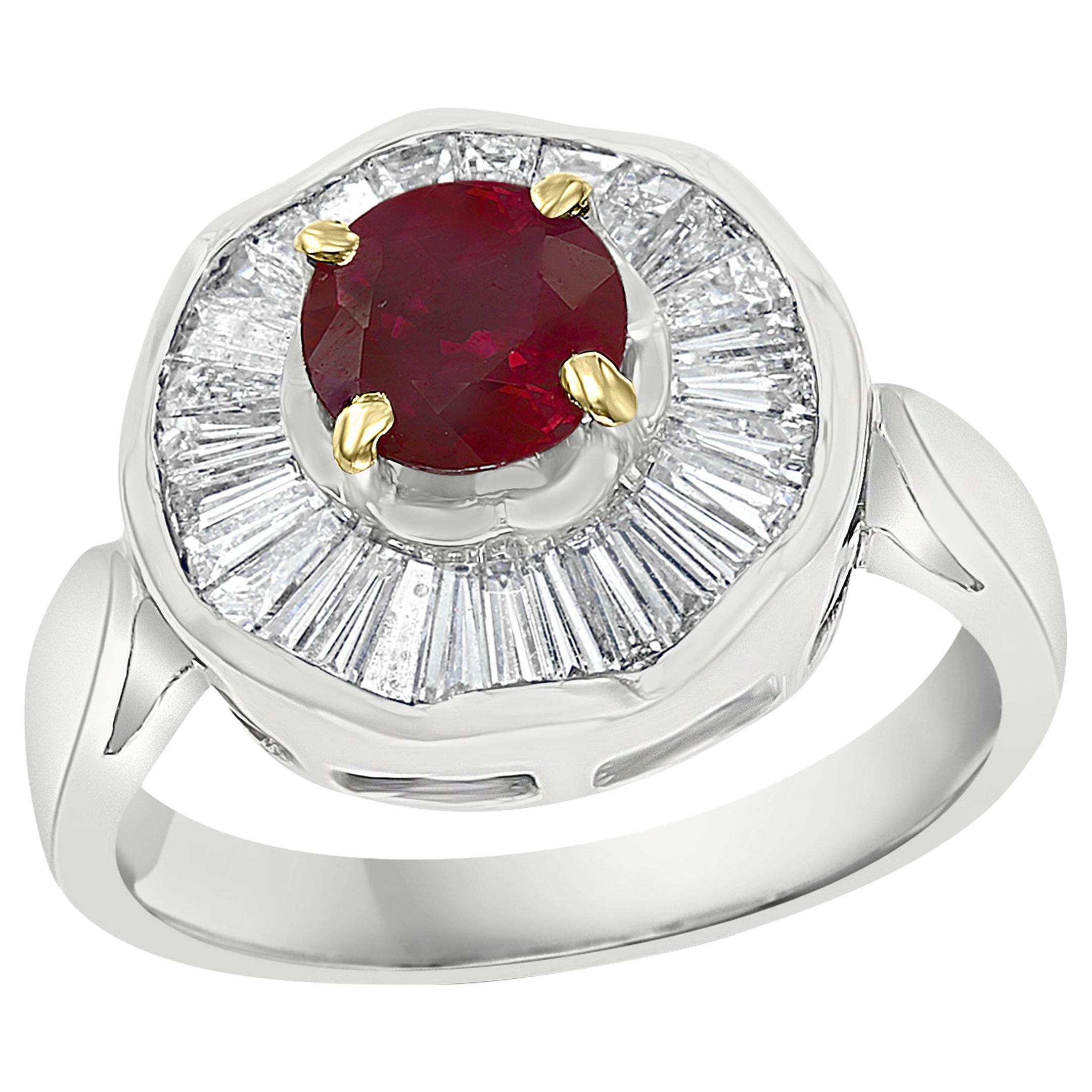 1 Carat Natural Burma Ruby and Baguette Diamond 18 Karat White Gold Ring