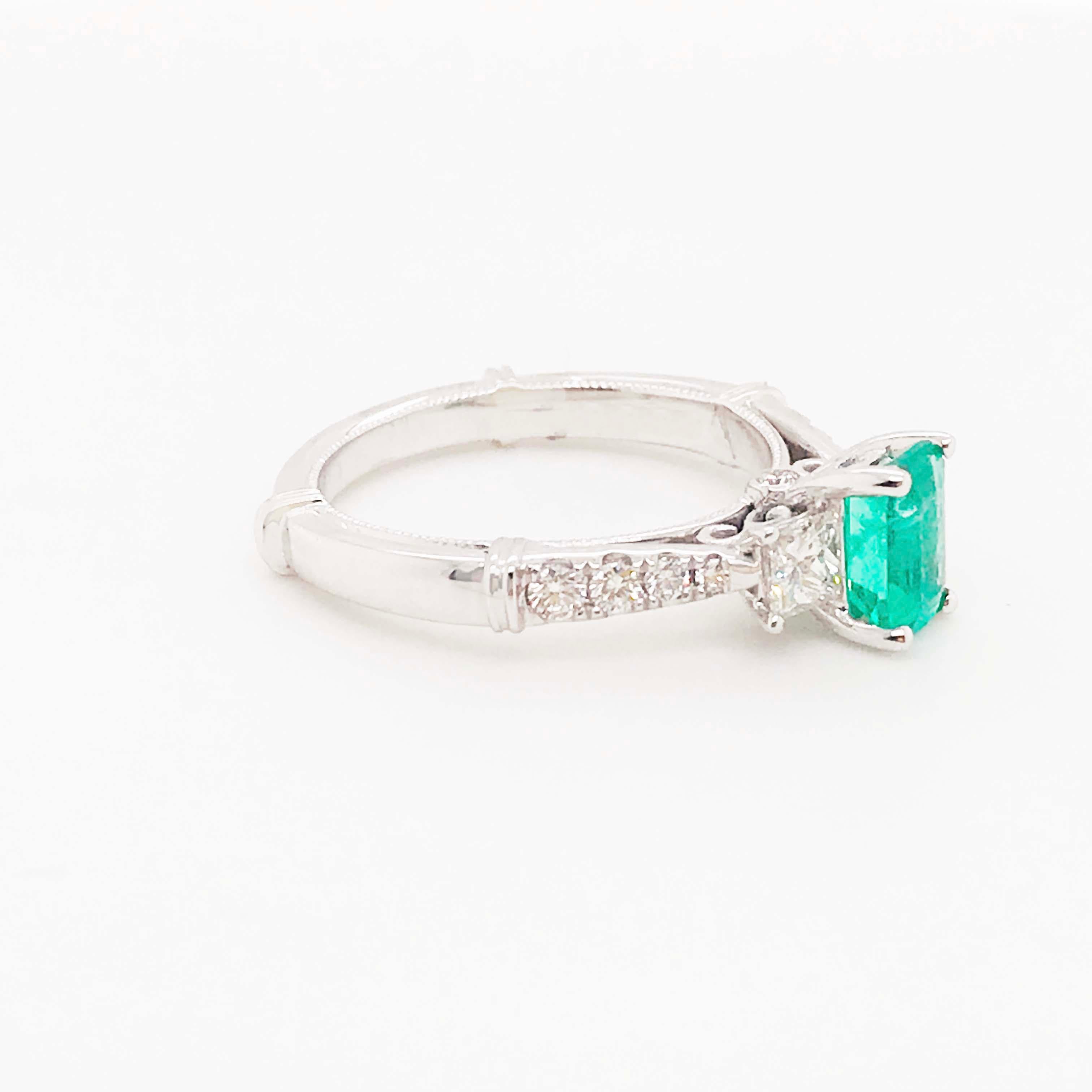 Natural Colombian Emerald and Diamond Engagement Ring set in 18 Karat White Gold
The genuine emerald gemstone is known as the 