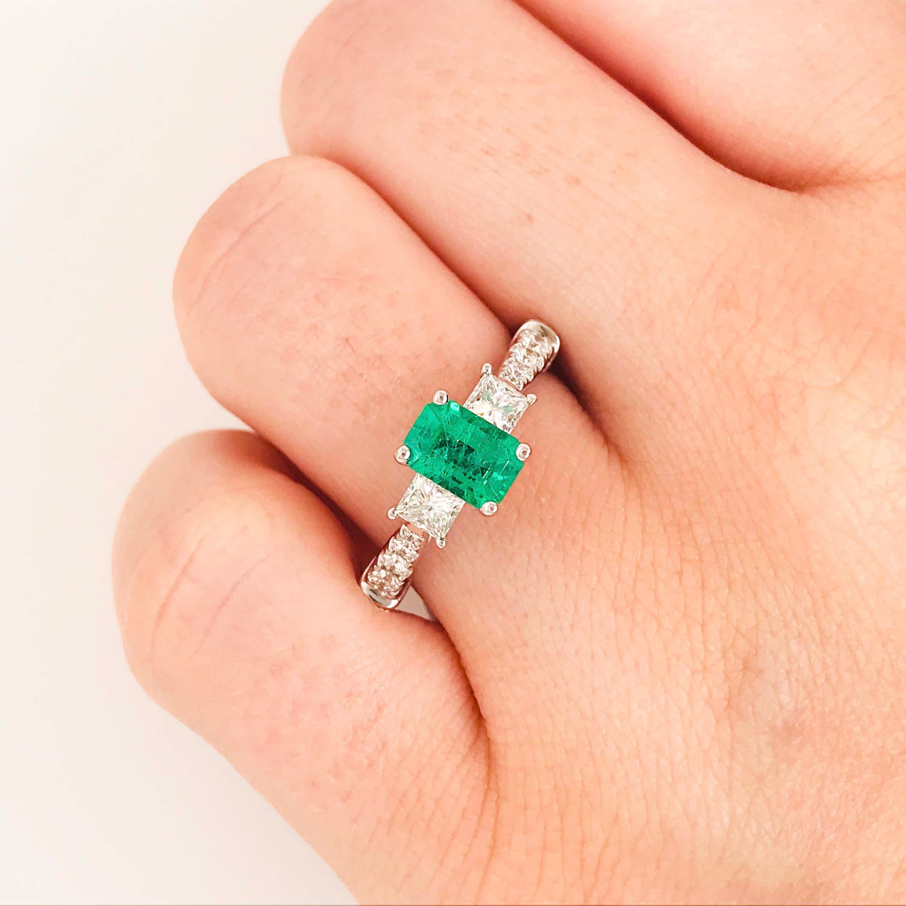 Contemporary Engagement Emerald Ring w .92 ct Emerald & .75 Carat Diamond Ring in 18 Karat