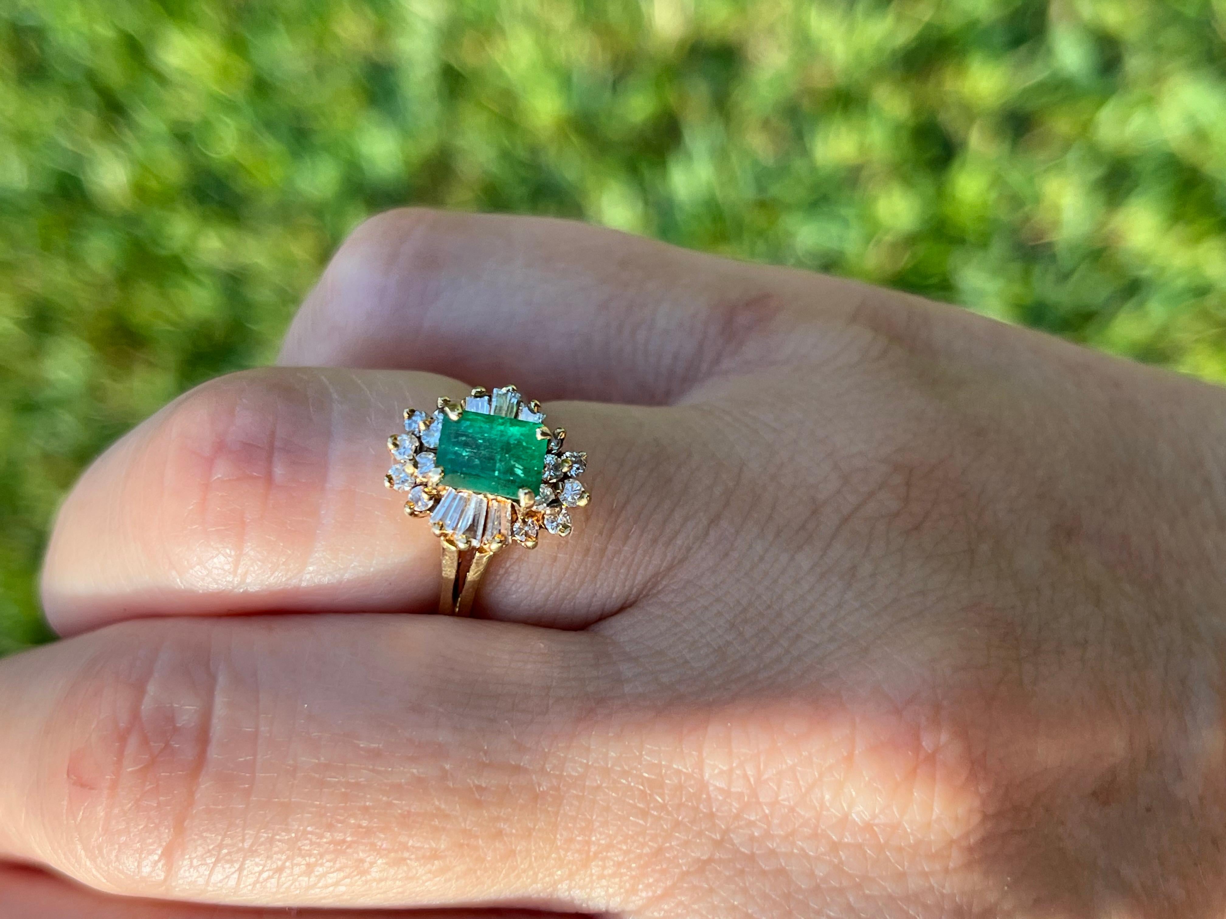 1 Carat Natural Emerald Ring with Baguette Diamond Halo in 14k Yellow Gold For Sale 1