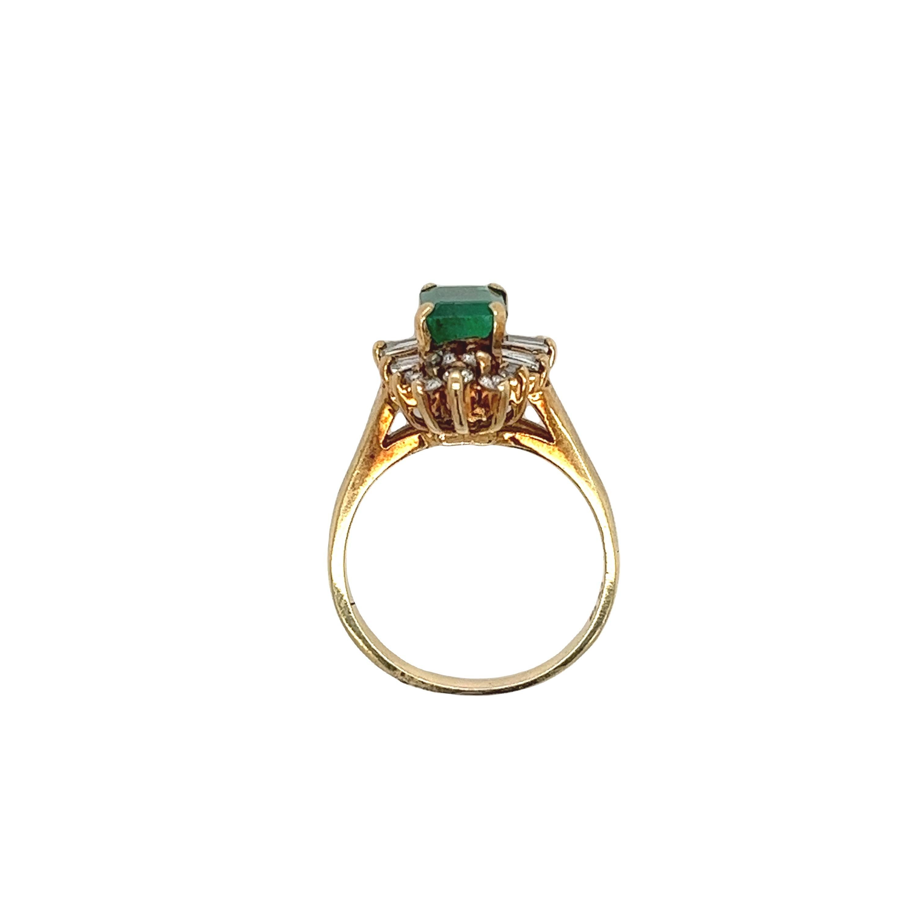 Emerald Cut 1 Carat Natural Emerald Ring with Baguette Diamond Halo in 14k Yellow Gold For Sale