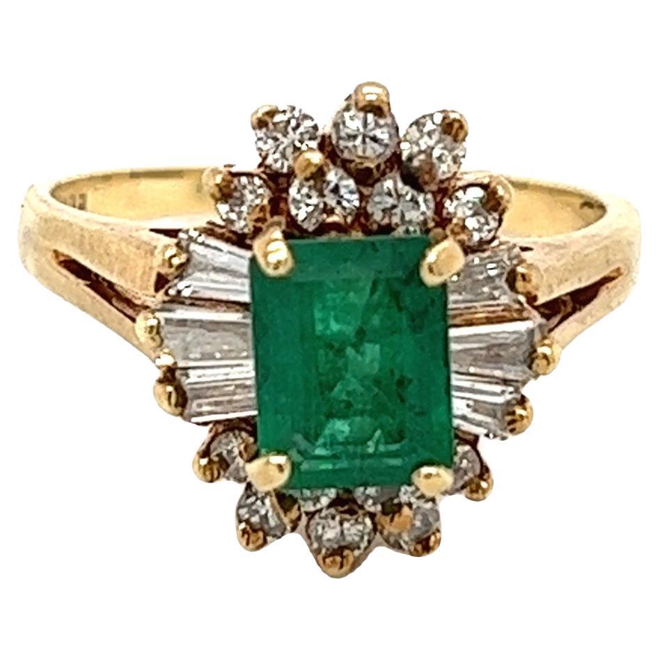 1 Carat Natural Emerald Ring with Baguette Diamond Halo in 14k Yellow Gold For Sale