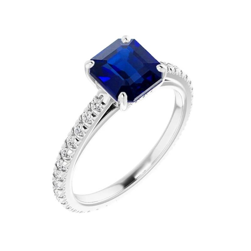 A classic and elegant eternity engagement ring by Gem + Honey, set with a one-carat square, step-cut, natural (no-heat, untreated) Burma sapphire set with forty-two round brilliant-cut diamonds weighing approximately 1.75 carats, set in Platinum