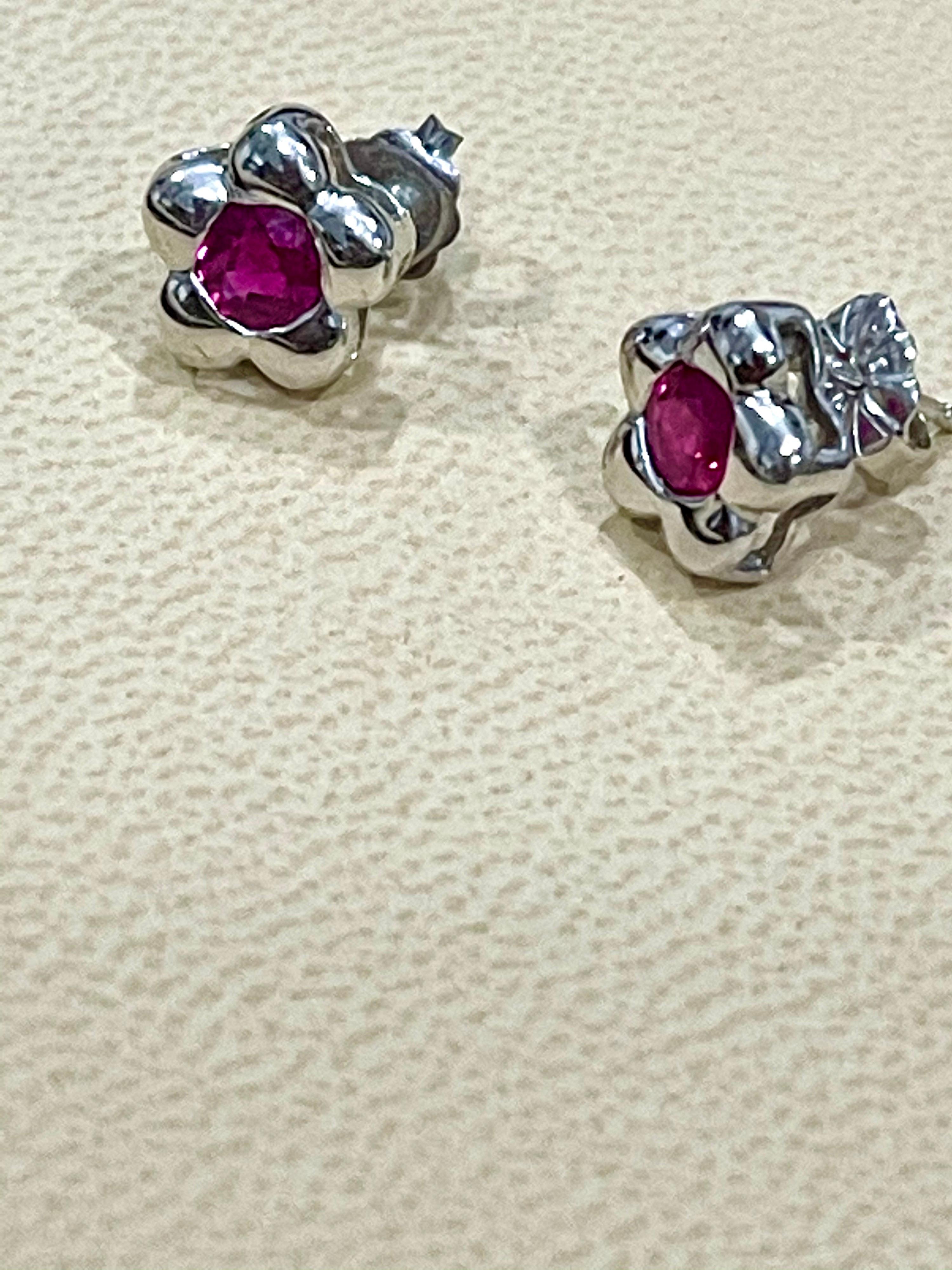 Women's 1 Carat Natural Round Ruby Stud Earrings 14 Karat White Gold, Post Back For Sale