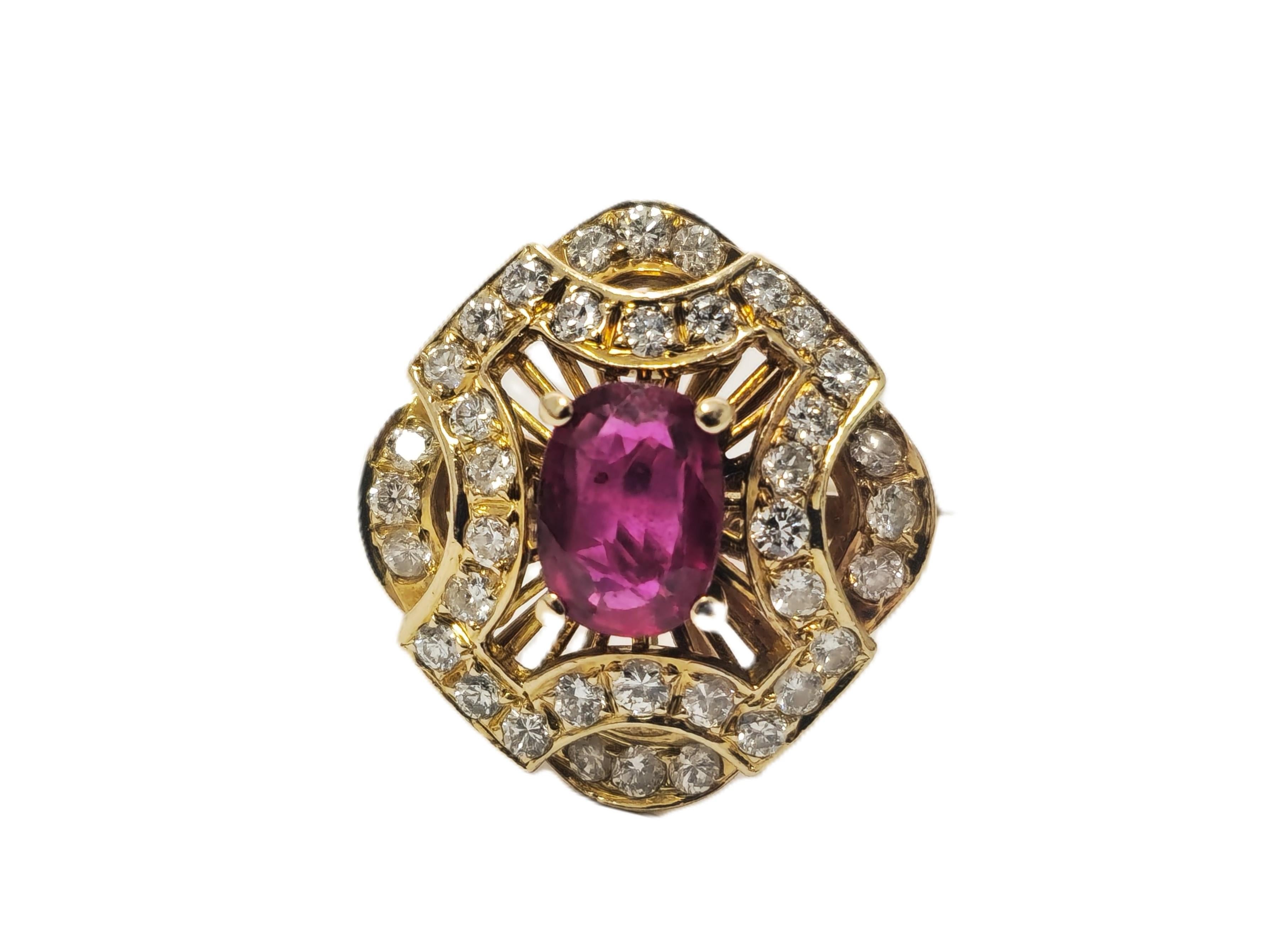 Discover pure sophistication with this 18k gold ring adorned with a dazzling 1ct ruby and sparkling 1.50ct diamonds boasting VVS clarity and G color. Weighing 4.3 grams and sized for US 6, this ring offers elegance and luxury in a versatile design.