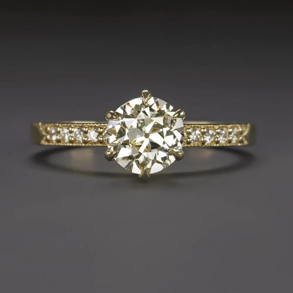 1 carat old European cut diamond set in a modern 18k yellow gold setting. Bright and vibrant, with vividly colorful fire, the diamond has excellent VS1 clarity! Cut by hand in 1920s-1930s, this diamond is charmingly vintage, completely unique, and