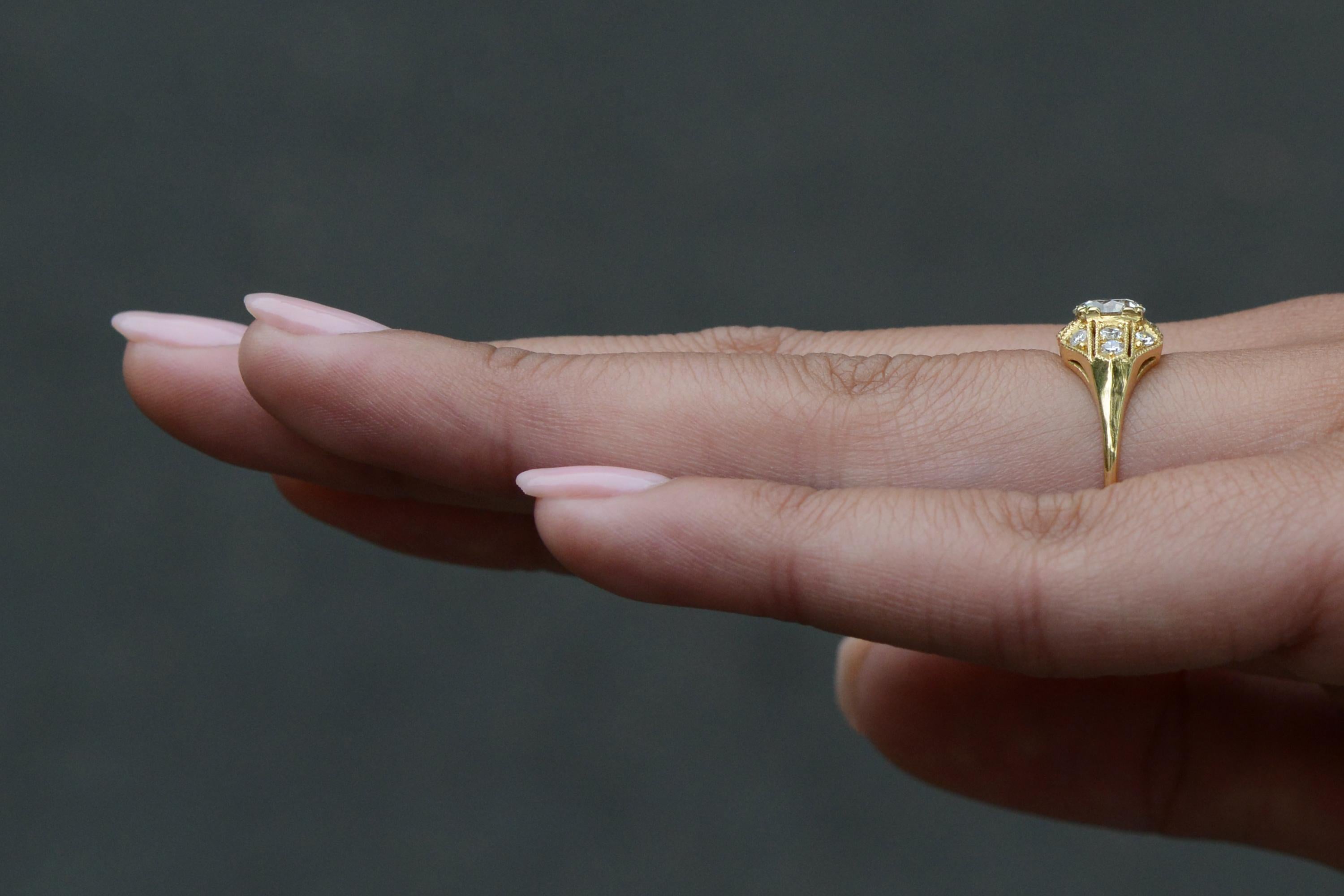 Art Déco Anello di fidanzamento Art Deco con diamante vecchio taglio europeo da 1 carato in vendita