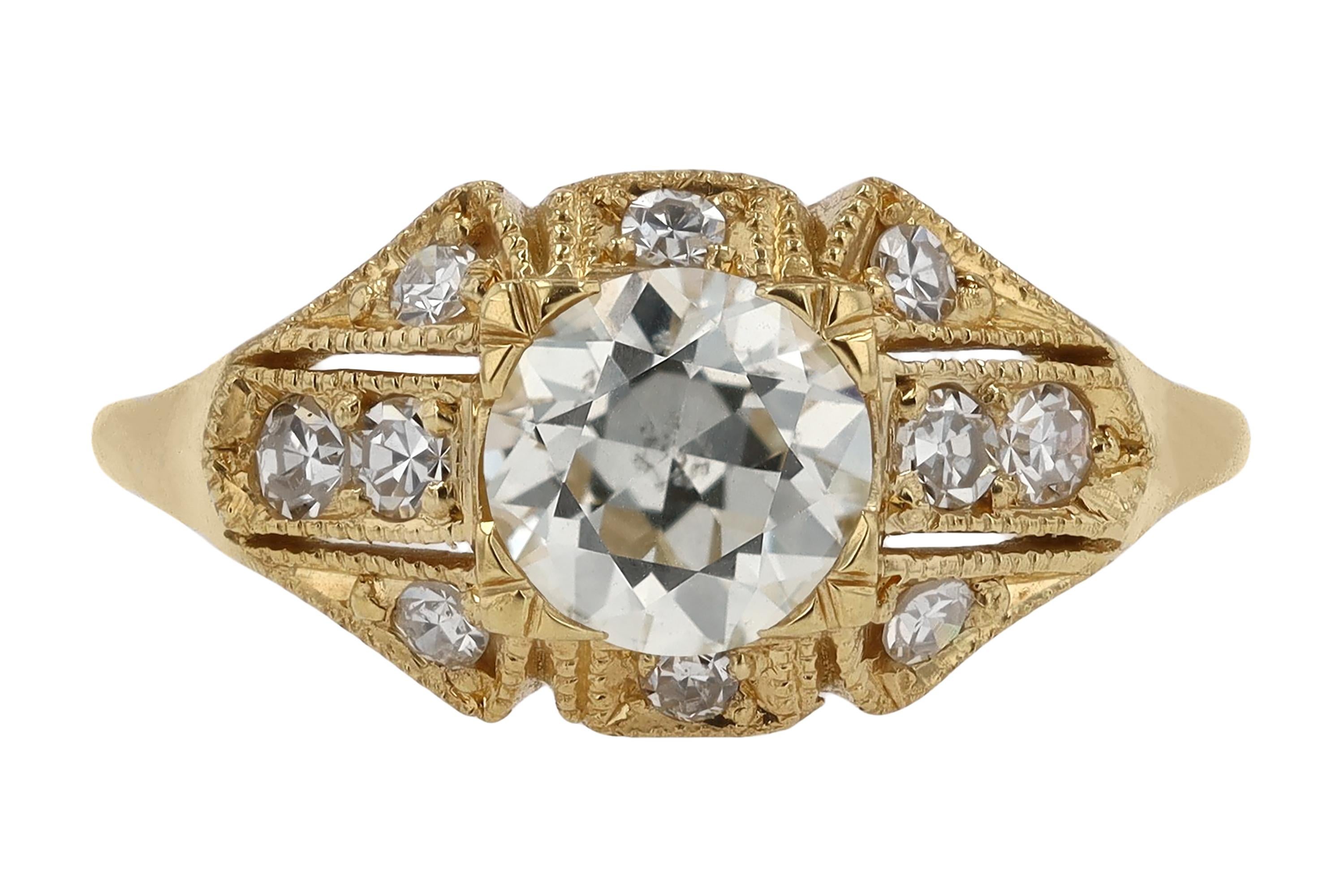 Anello di fidanzamento Art Deco con diamante vecchio taglio europeo da 1 carato In condizioni buone in vendita a Santa Barbara, CA
