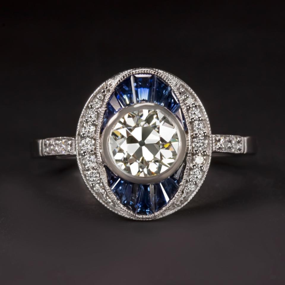 Old European Cut Diamond Engagement Ring Sapphire Vintage Art Deco In New Condition In Rome, IT