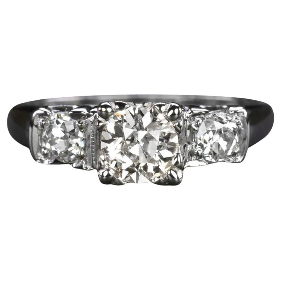 1 Carat Old European Diamond 3 Stone Vintage Style White Gold Ring
