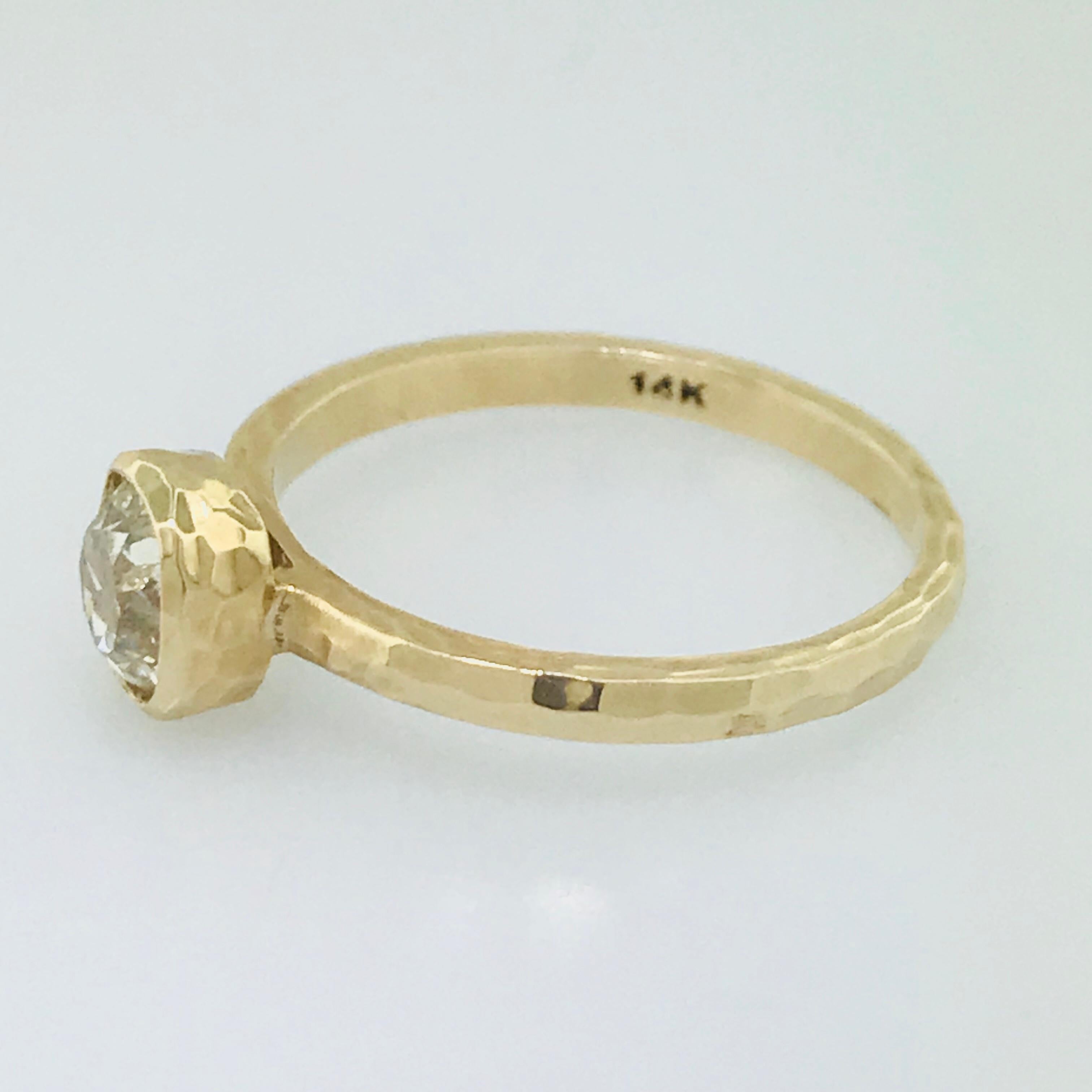 Women's 1 Carat Old Mine Cut Diamond Handmade Solitaire Engagement Ring Hammered Finish
