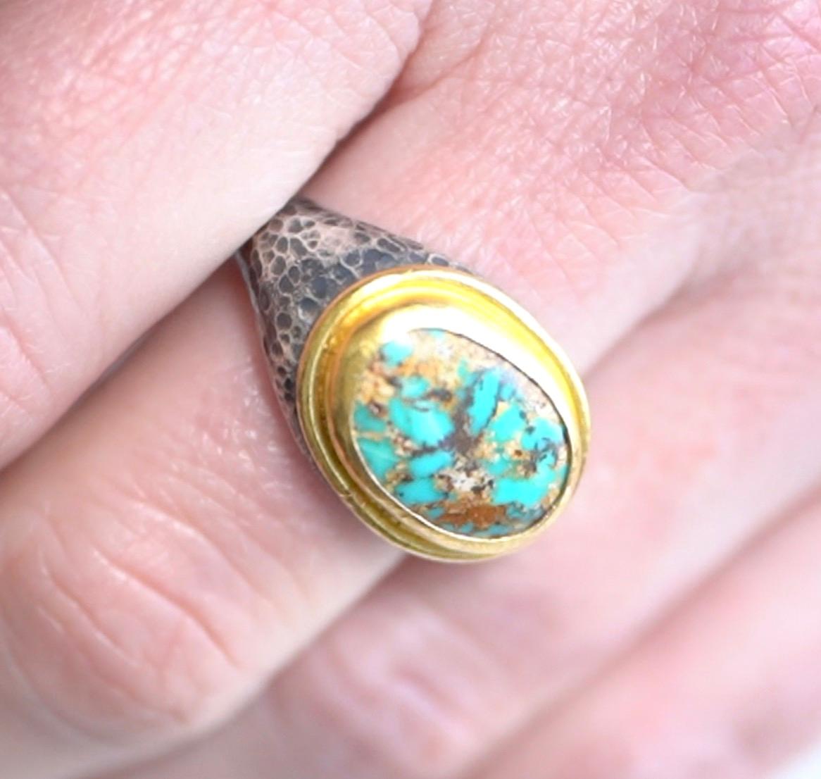 Taille ovale 1 Carat Organic Oval Turquoise Brown Teal Green 24K Gold & Sterling Ring en vente