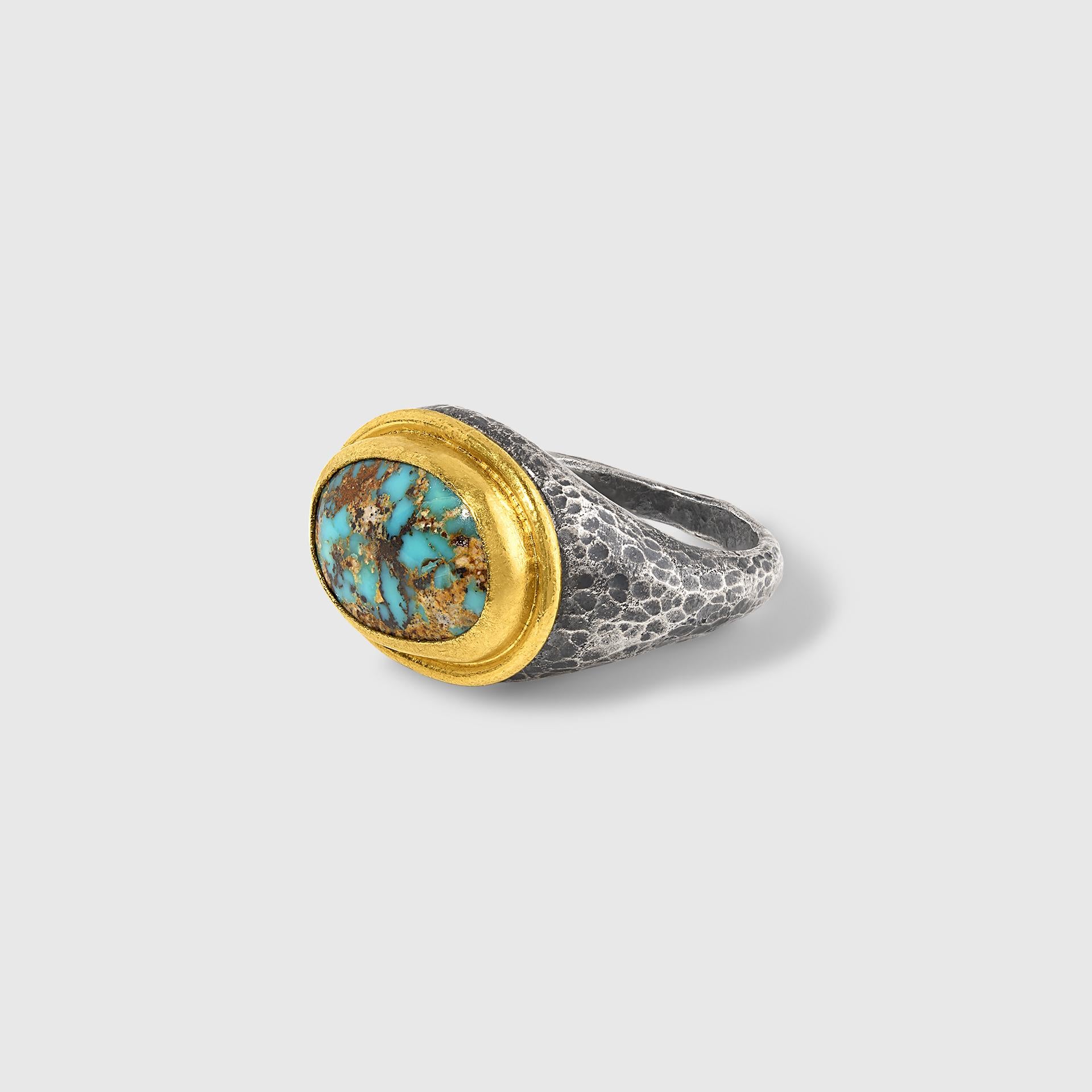 1 Carat Organic Oval Turquoise Brown Teal Green Ring 24K Gold & Sterling
Unisex 24K, Sterling Ring Handmade by Prehistoric Works
Ring details:
Turquoise - 1 ct
24K Gold - 1.90 grams
Sterling S925 - 8 grams
