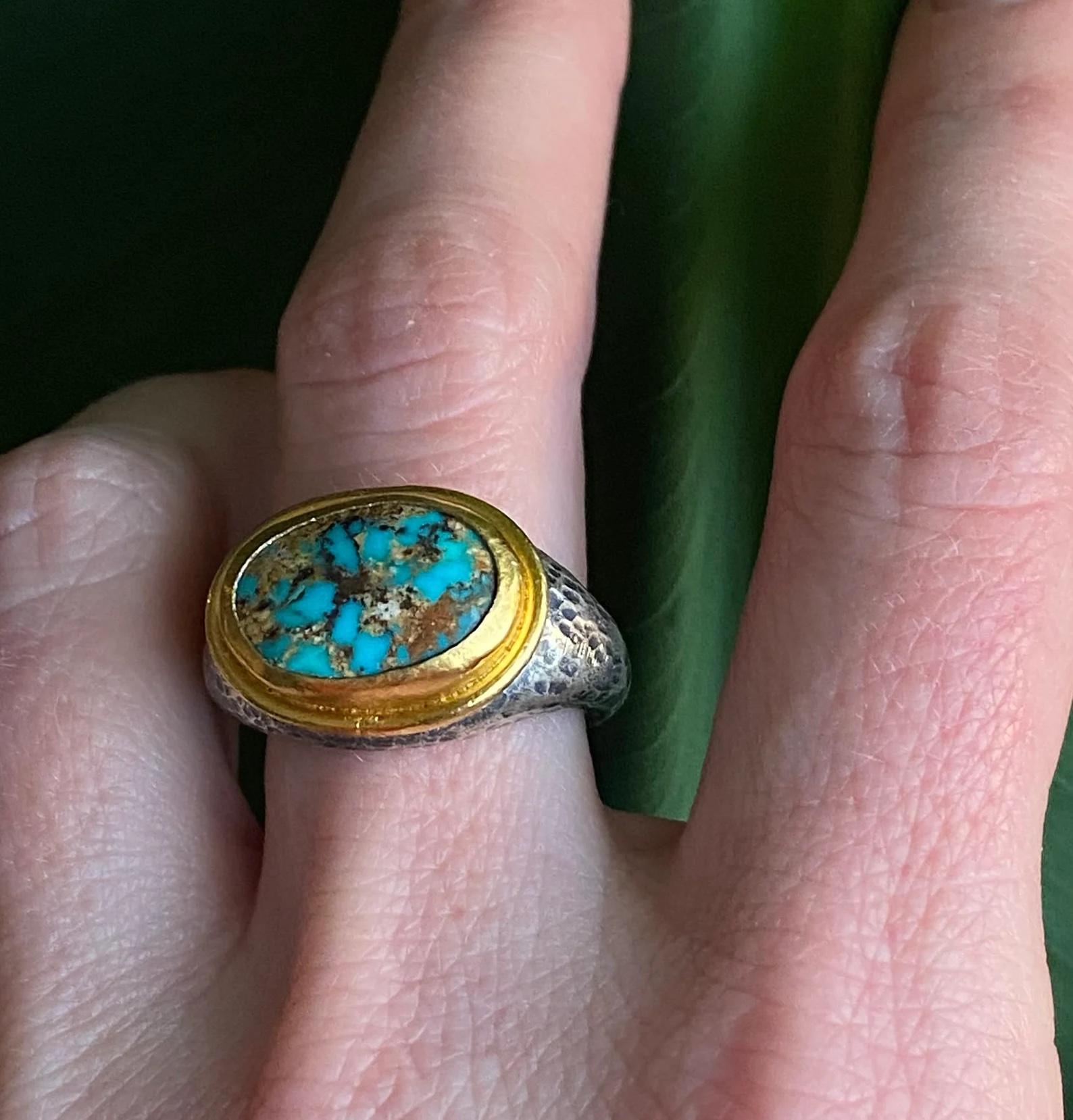 Artisan 1 Carat Organic Oval Turquoise Brown Teal Green Ring 24K Gold & Sterling For Sale