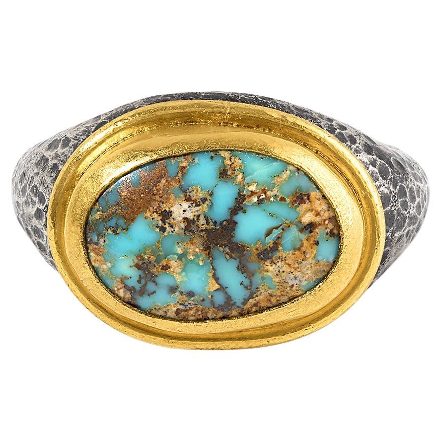 1 Karat Oval Türkis Brown Teal Grün Ring 24K Gold & Sterling