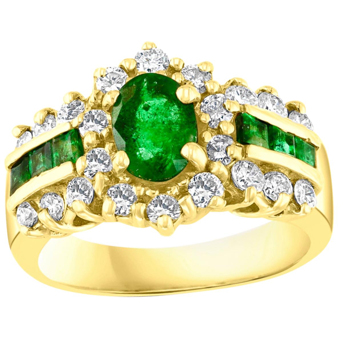 1 Carat Oval Cut Emerald and 1.0 Carat Diamond Ring 18 Karat Yellow Gold For Sale