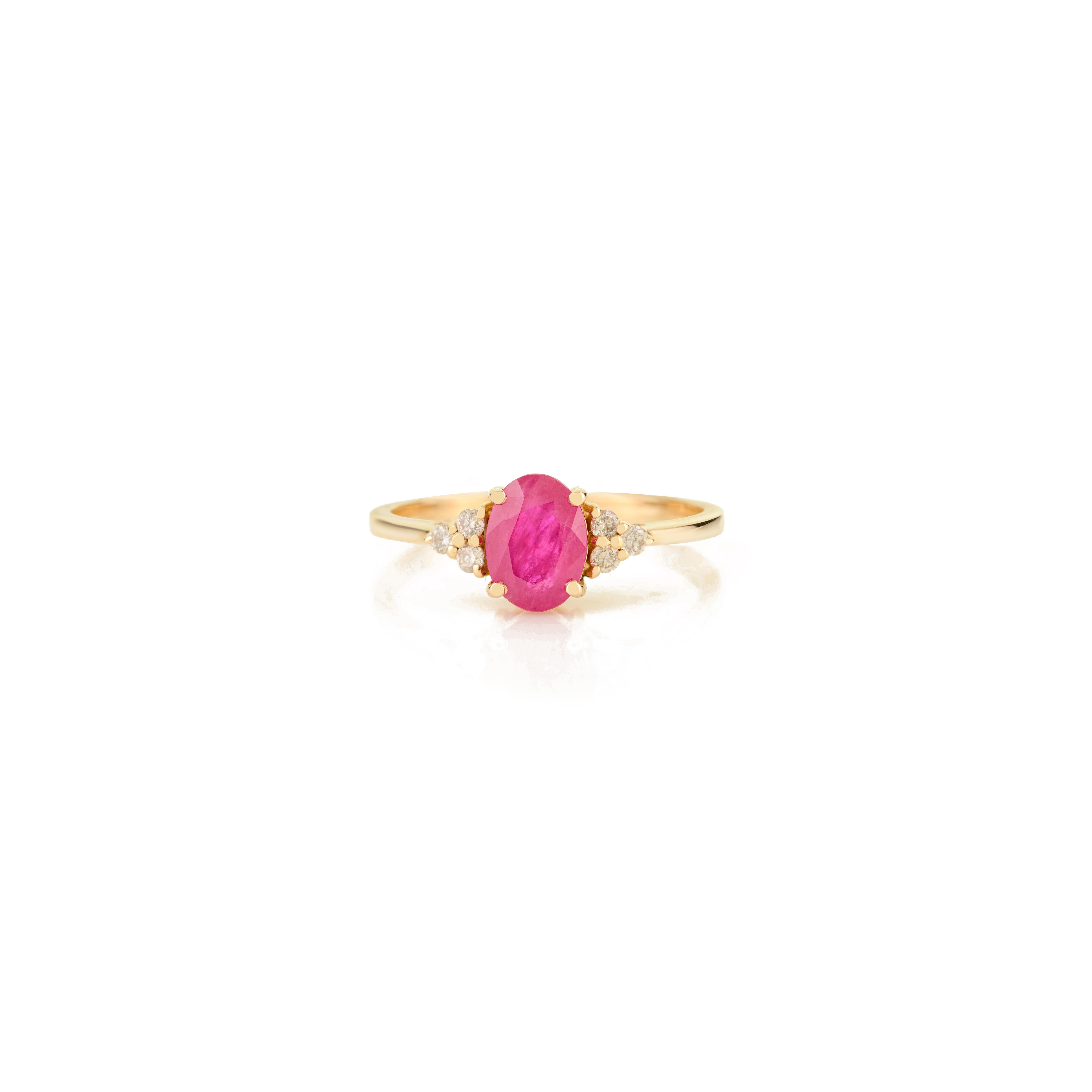 En vente :  Bague en or jaune 14 carats ornée d'un rubis naturel de taille ovale et d'un diamant Bijoux fins 3