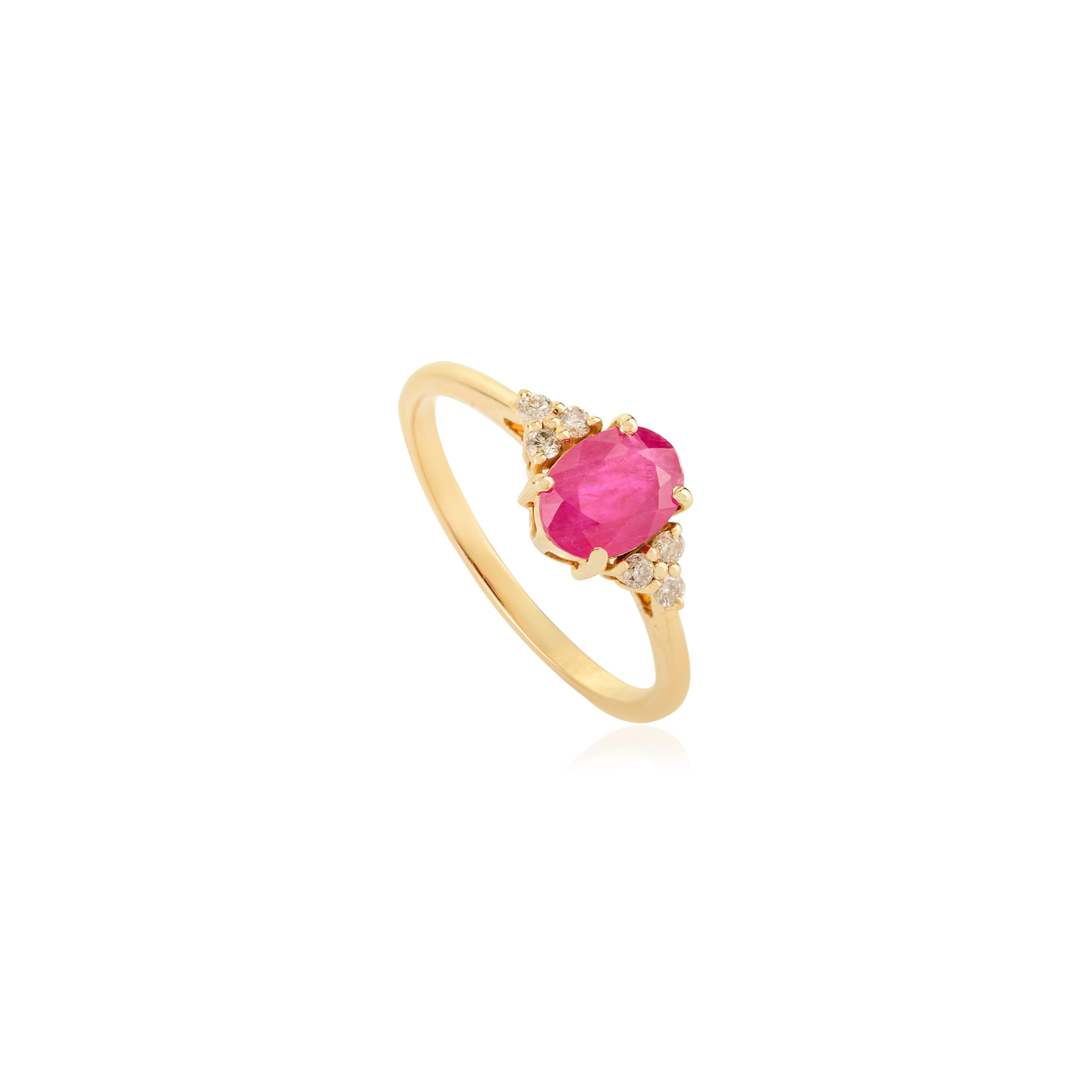 En vente :  Bague en or jaune 14 carats ornée d'un rubis naturel de taille ovale et d'un diamant Bijoux fins 5