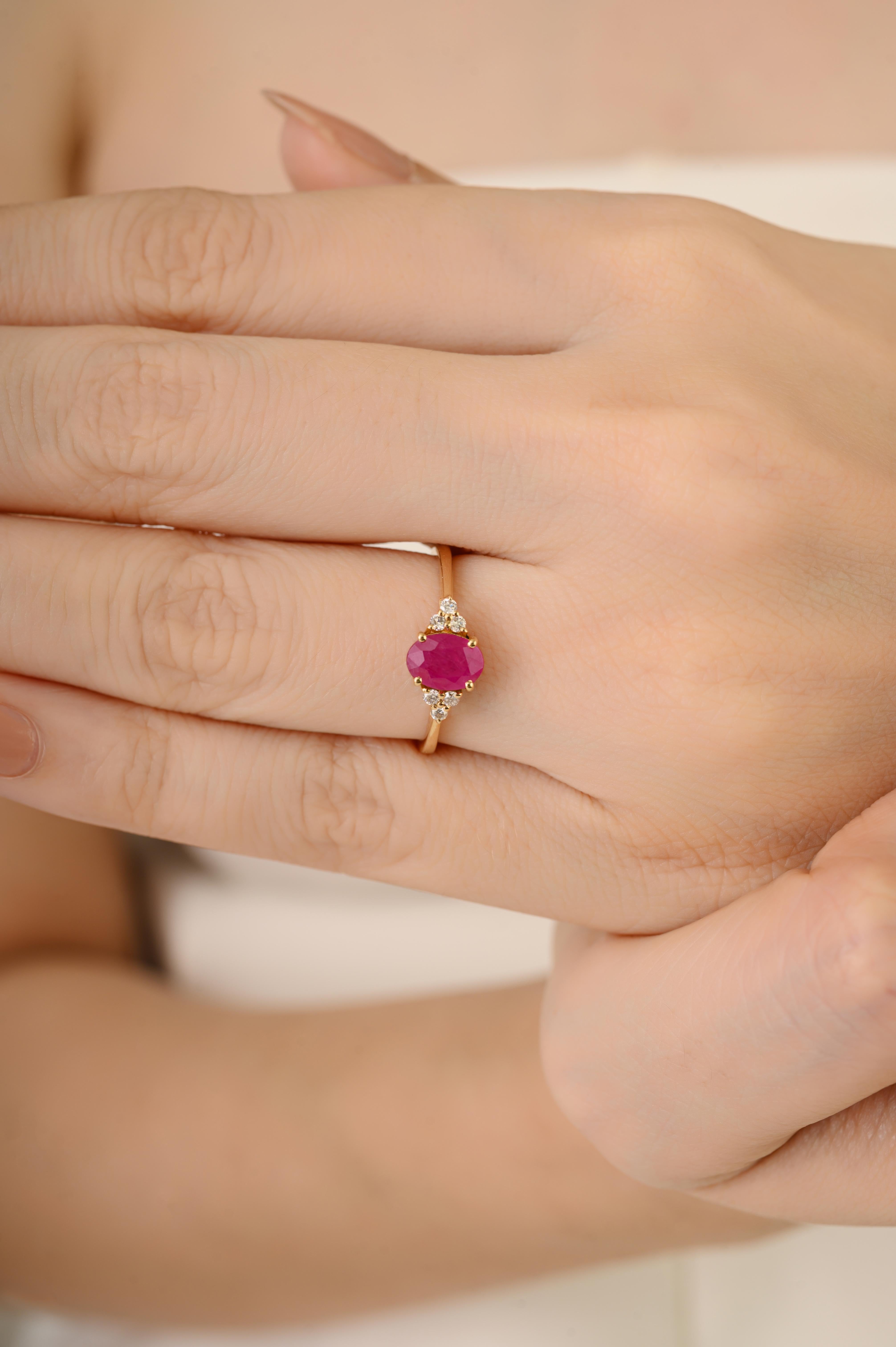 En vente :  Bague en or jaune 14 carats ornée d'un rubis naturel de taille ovale et d'un diamant Bijoux fins 8