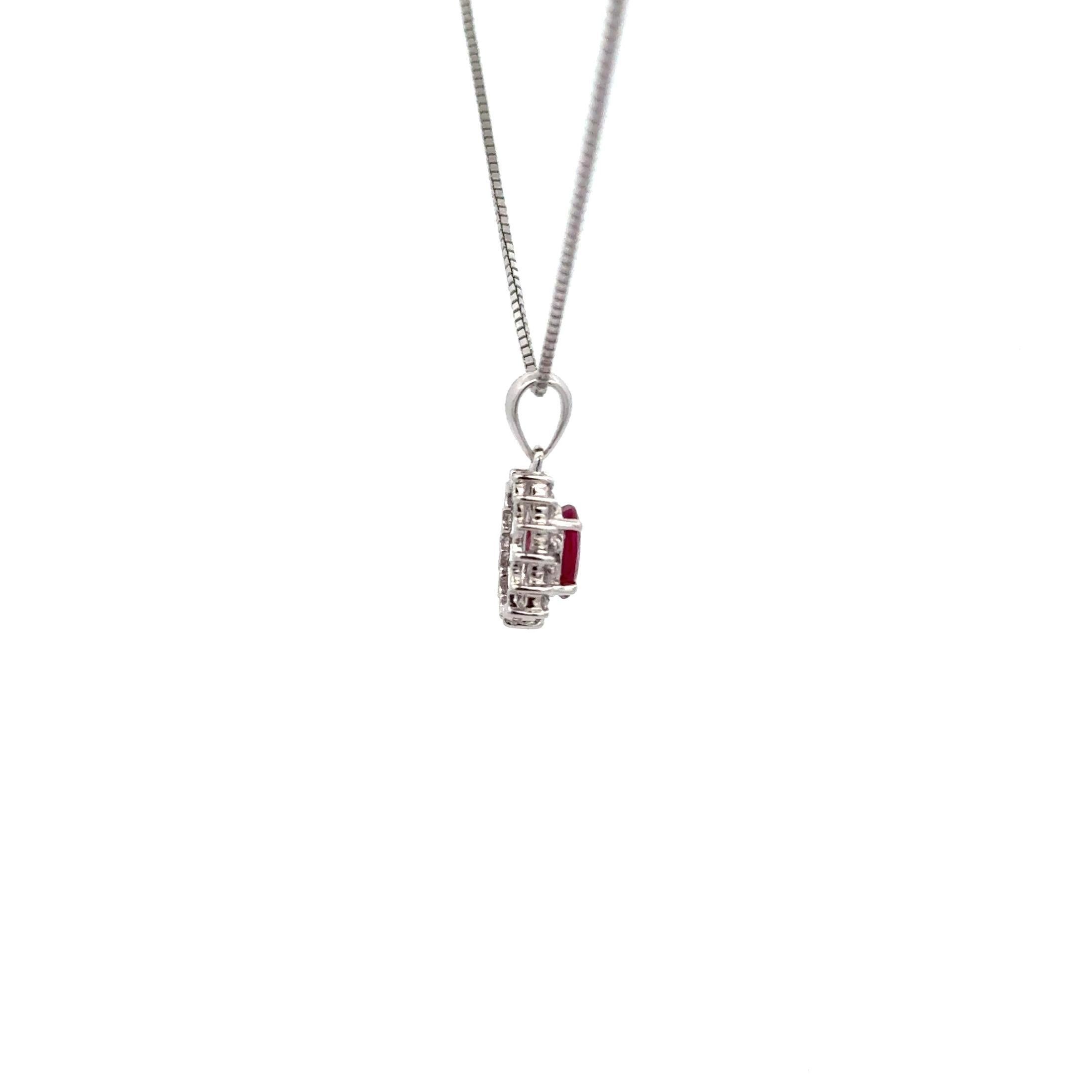 1 Carat Oval Cut Ruby & Diamond Halo Pendant Necklace in 14K White Gold In New Condition For Sale In Miami, FL