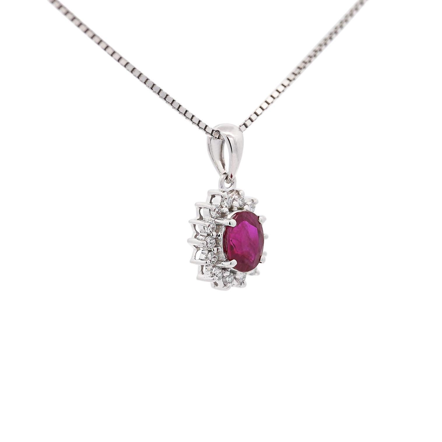 1 Carat Oval Cut Ruby & Diamond Halo Pendant Necklace in 14K White Gold For Sale 1