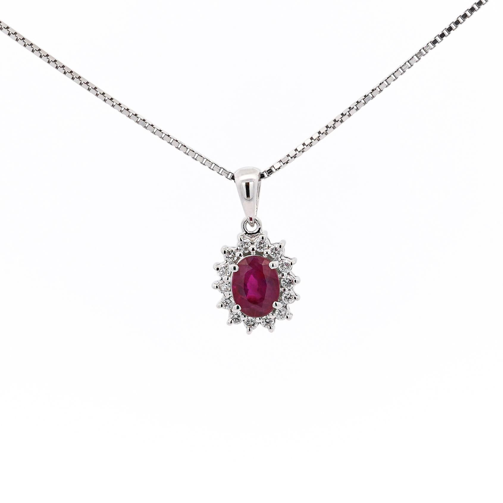 1 Carat Oval Cut Ruby & Diamond Halo Pendant Necklace in 14K White Gold For Sale 2