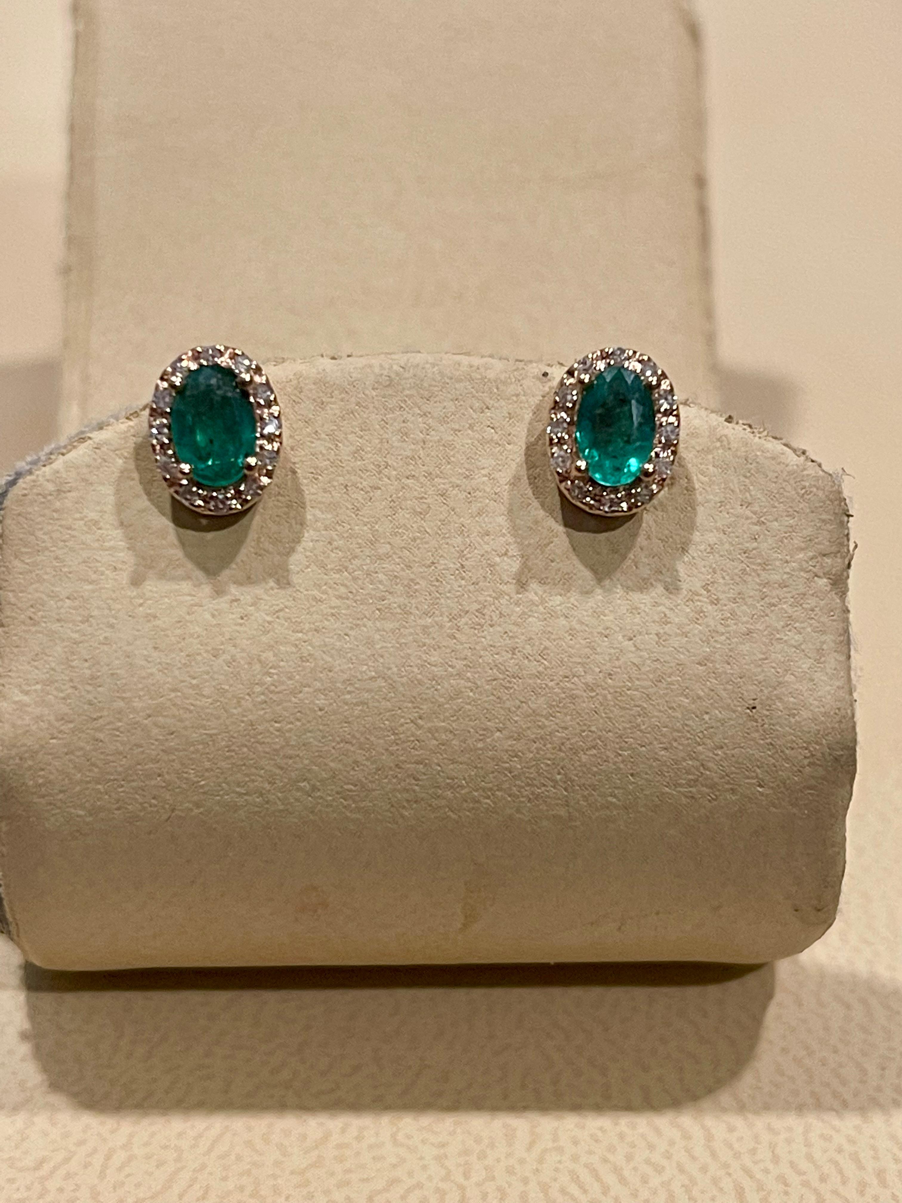 1 Carat Oval Natural Emerald and Diamond Stud Post Earrings 14 Karat Yellow Gold 5