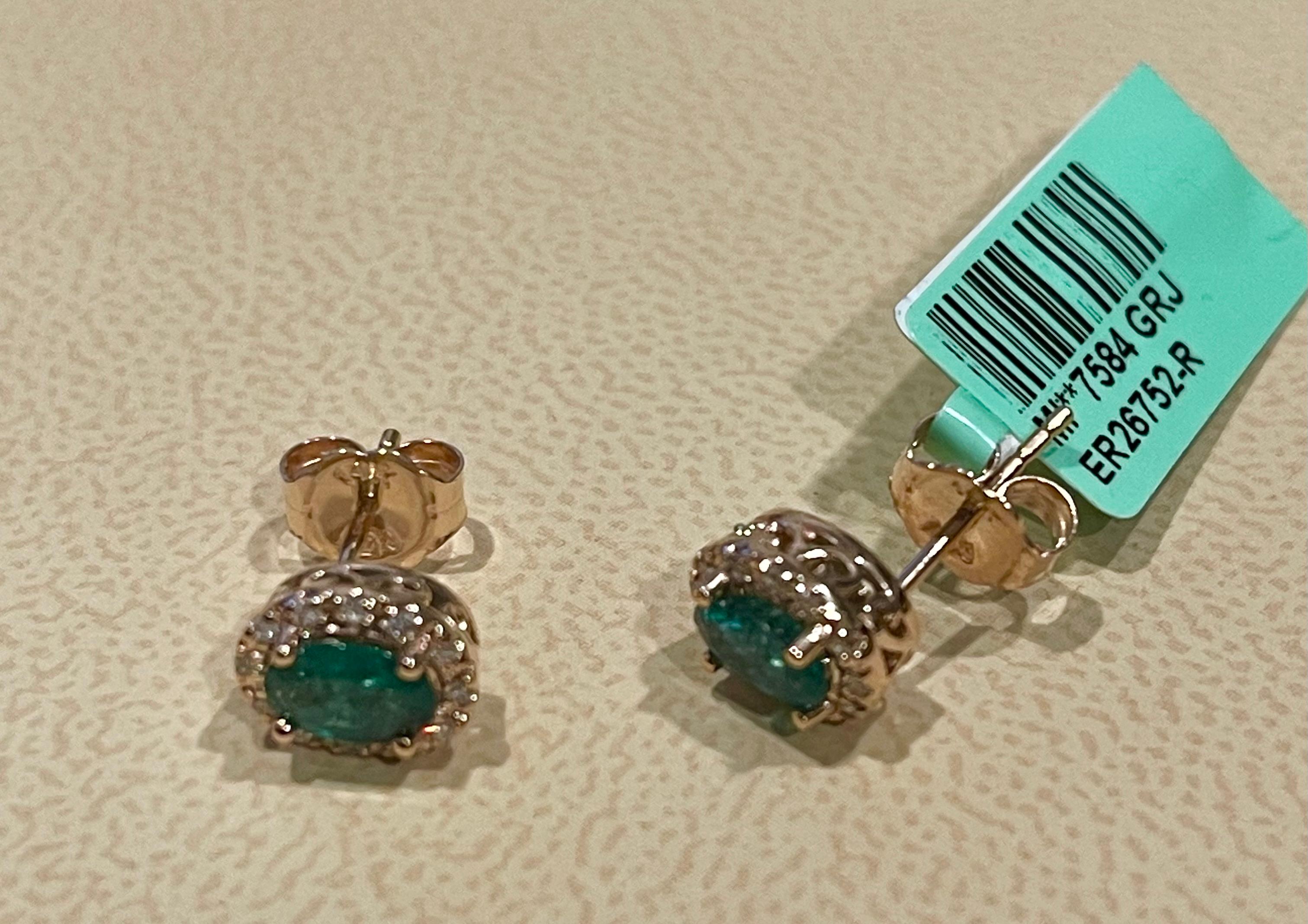 1 Carat Oval Natural Emerald and Diamond Stud Post Earrings 14 Karat Yellow Gold 6
