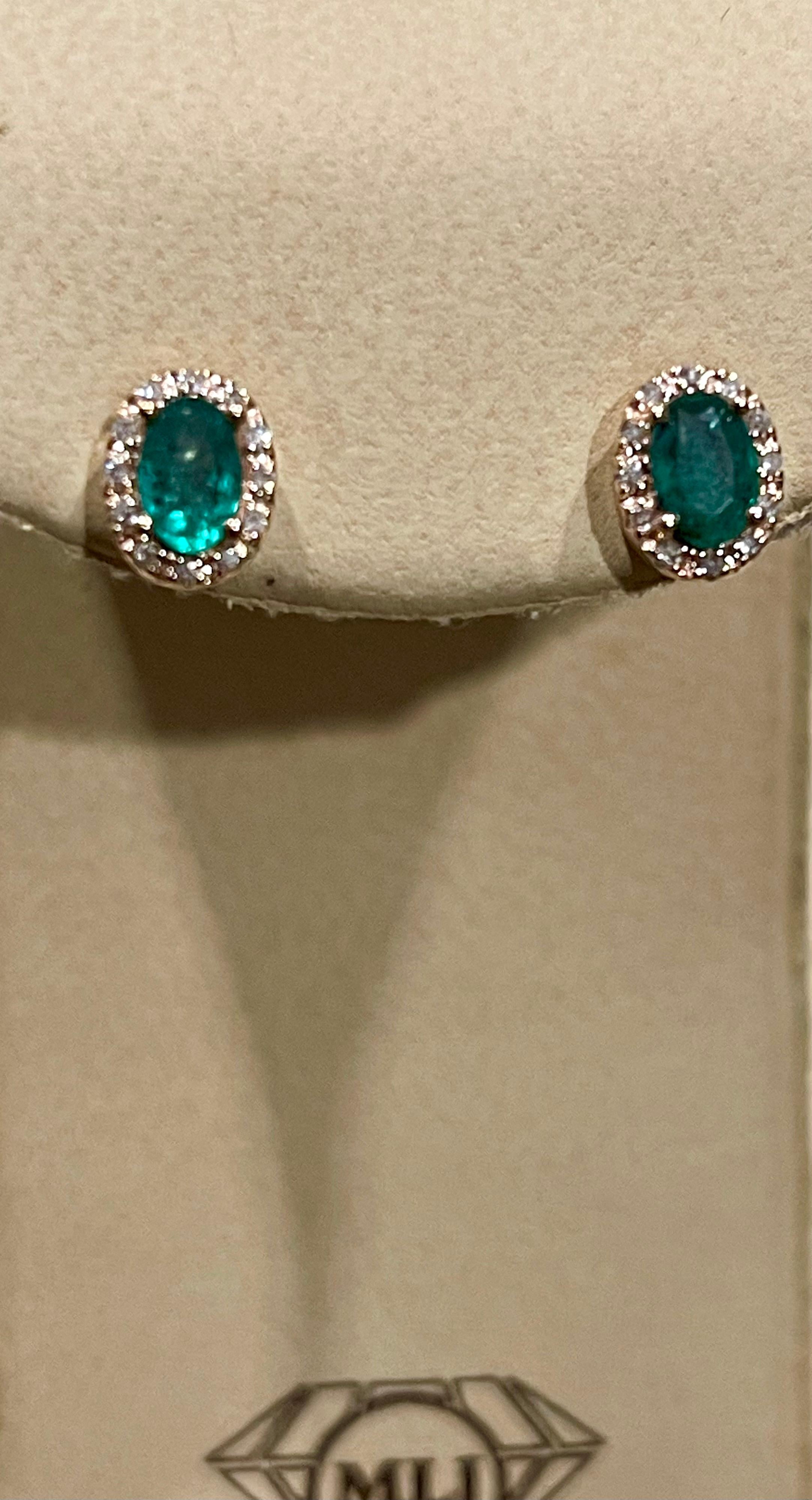 1 Carat Oval Natural Emerald and Diamond Stud Post Earrings 14 Karat Yellow Gold 7