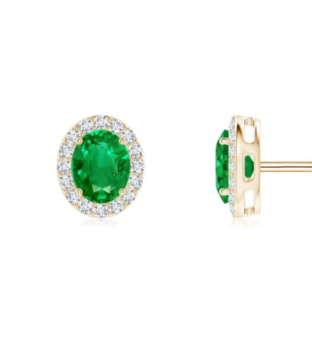 1 Carat Oval Natural Emerald and Diamond Stud Post Earrings 14 Karat Yellow Gold In New Condition In New York, NY