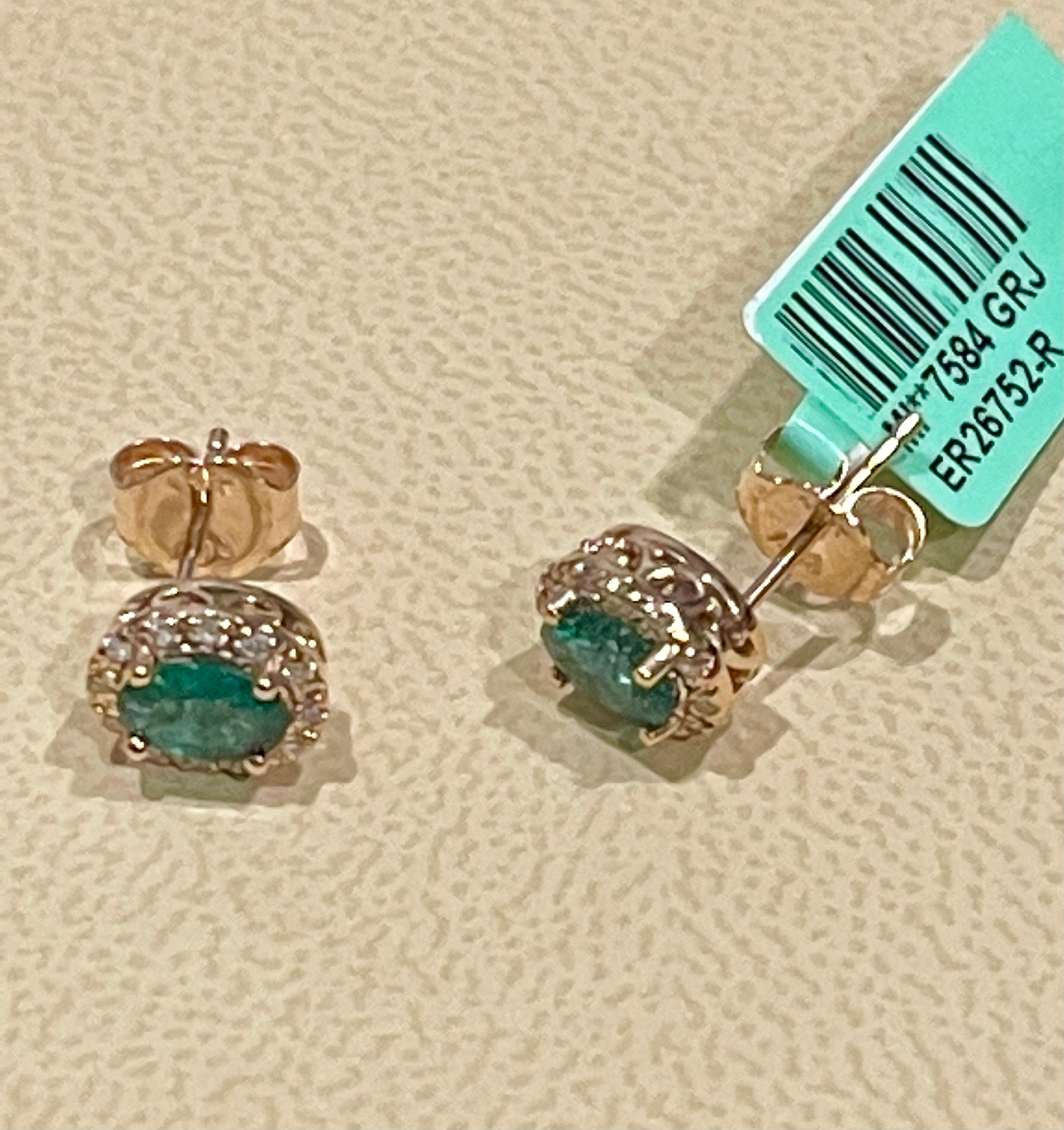 1 Carat Oval Natural Emerald and Diamond Stud Post Earrings 14 Karat Yellow Gold 2