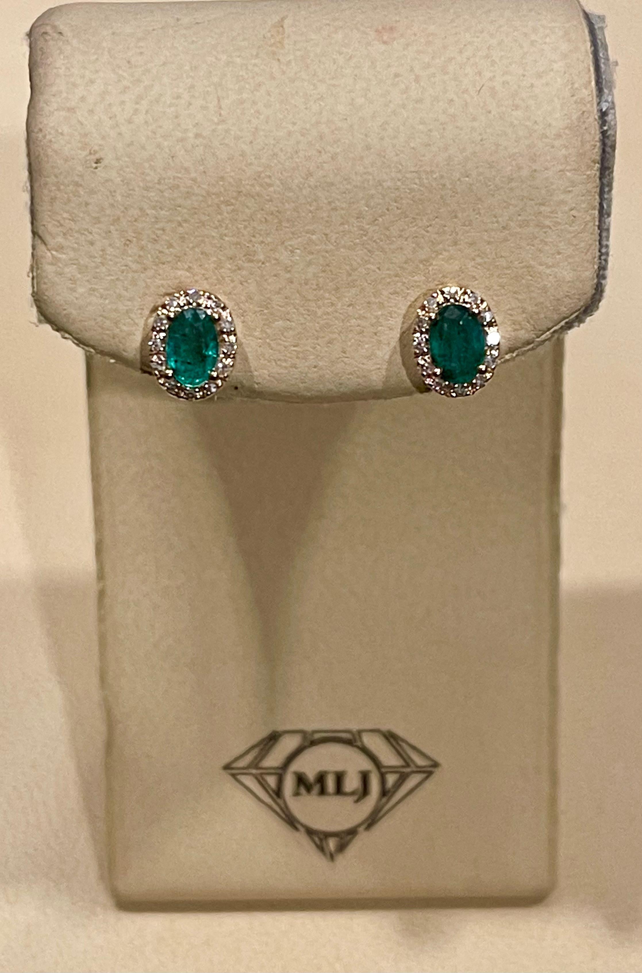 1 Carat Oval Natural Emerald and Diamond Stud Post Earrings 14 Karat Yellow Gold 3