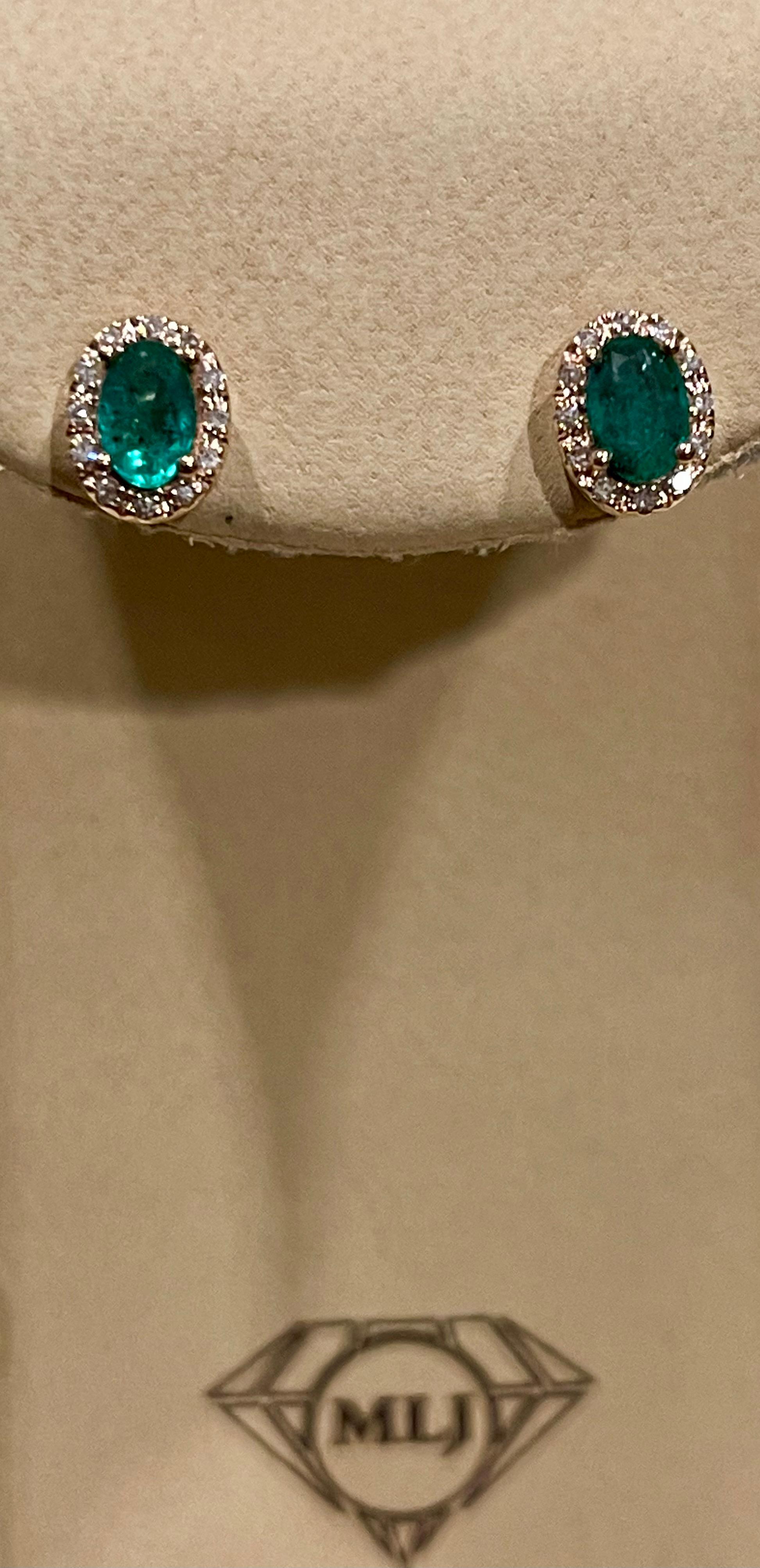 1 Carat Oval Natural Emerald and Diamond Stud Post Earrings 14 Karat Yellow Gold 4