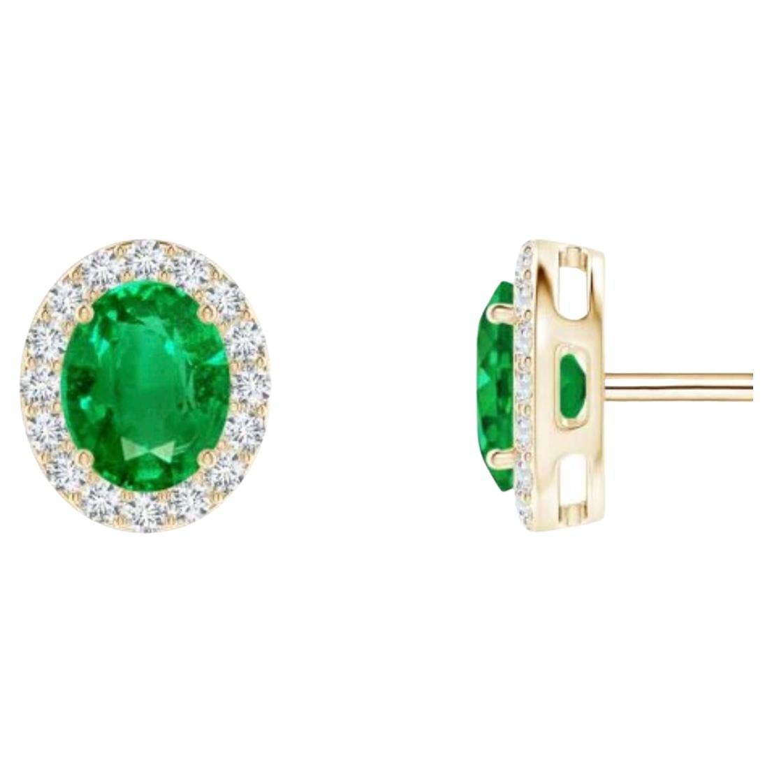 1 Carat Oval Natural Emerald and Diamond Stud Post Earrings 14 Karat Yellow Gold