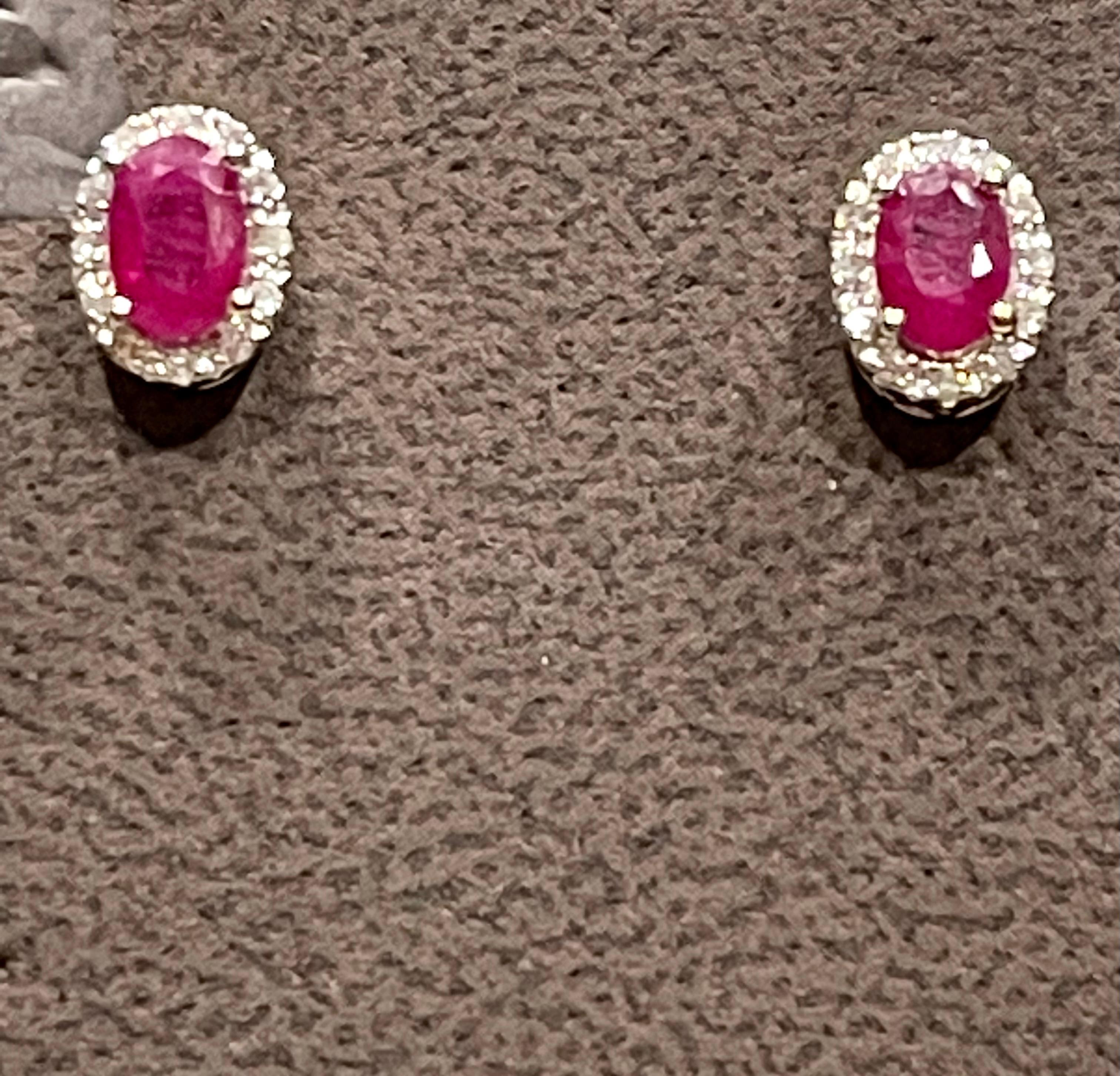 1 Carat Oval Natural Ruby and Diamond Stud Post Earrings 14 Karat White Gold For Sale 5