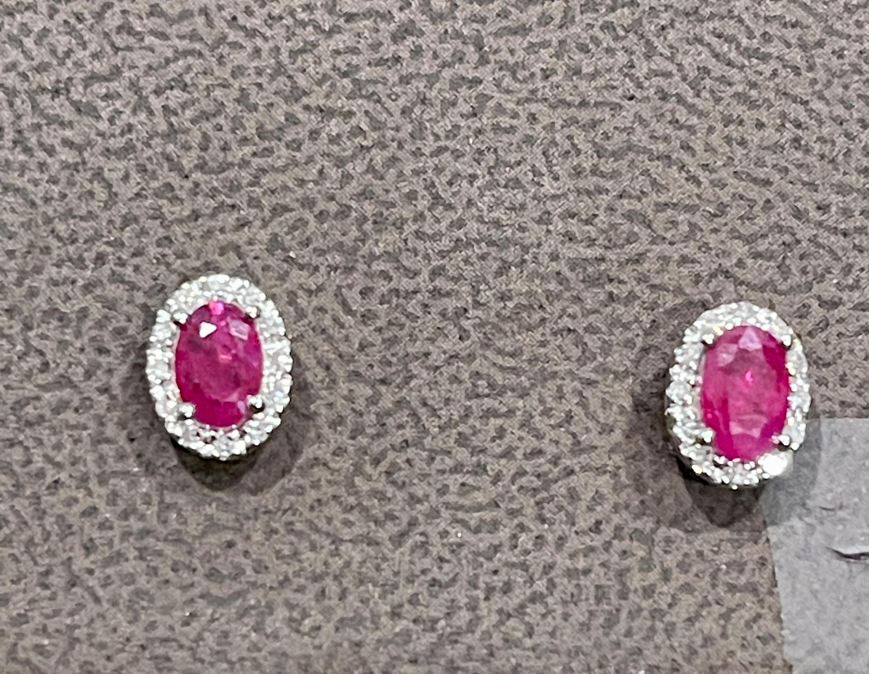 1 Carat Oval Natural Ruby and Diamond Stud Post Earrings 14 Karat White Gold For Sale 7