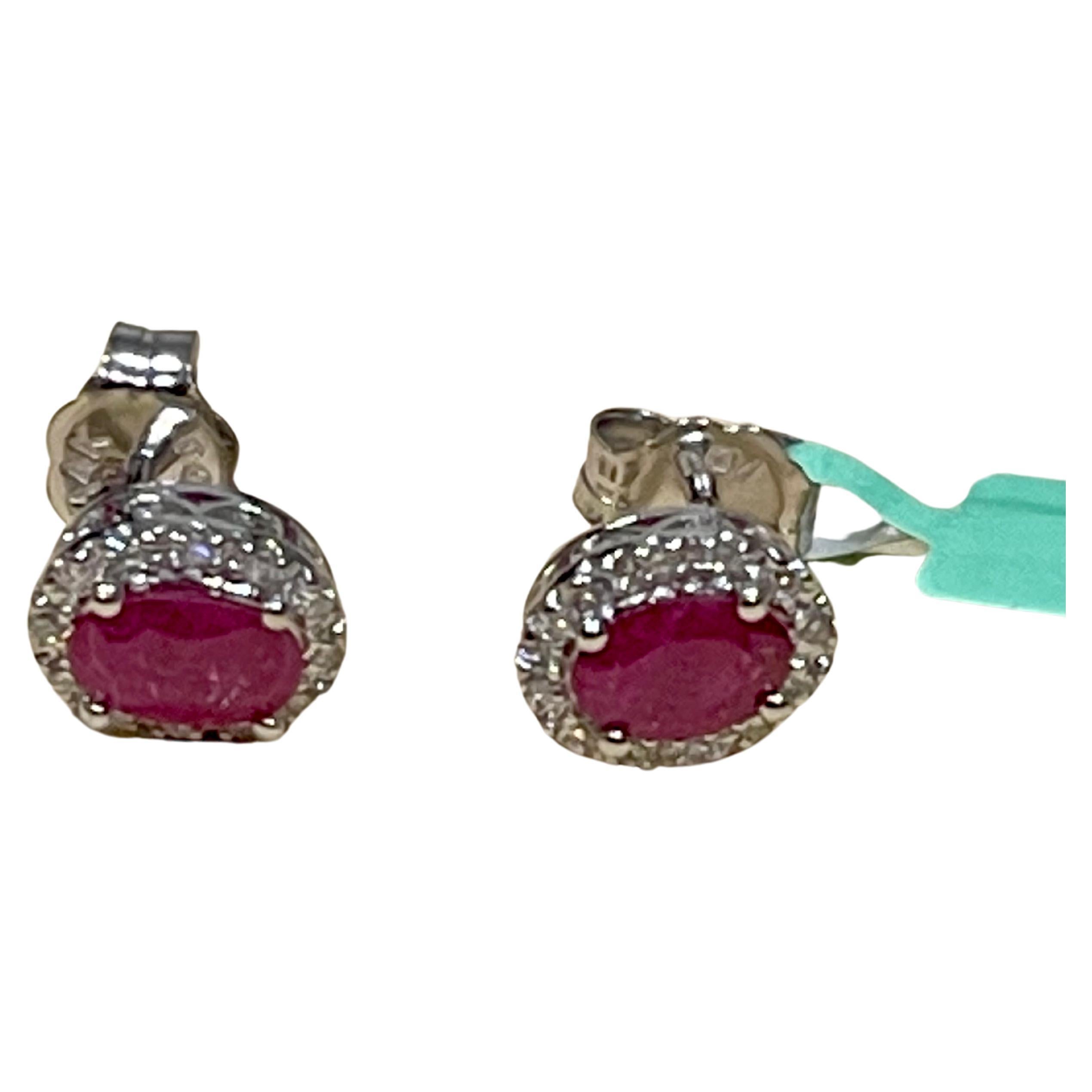 Oval Cut 1 Carat Oval Natural Ruby and Diamond Stud Post Earrings 14 Karat White Gold For Sale