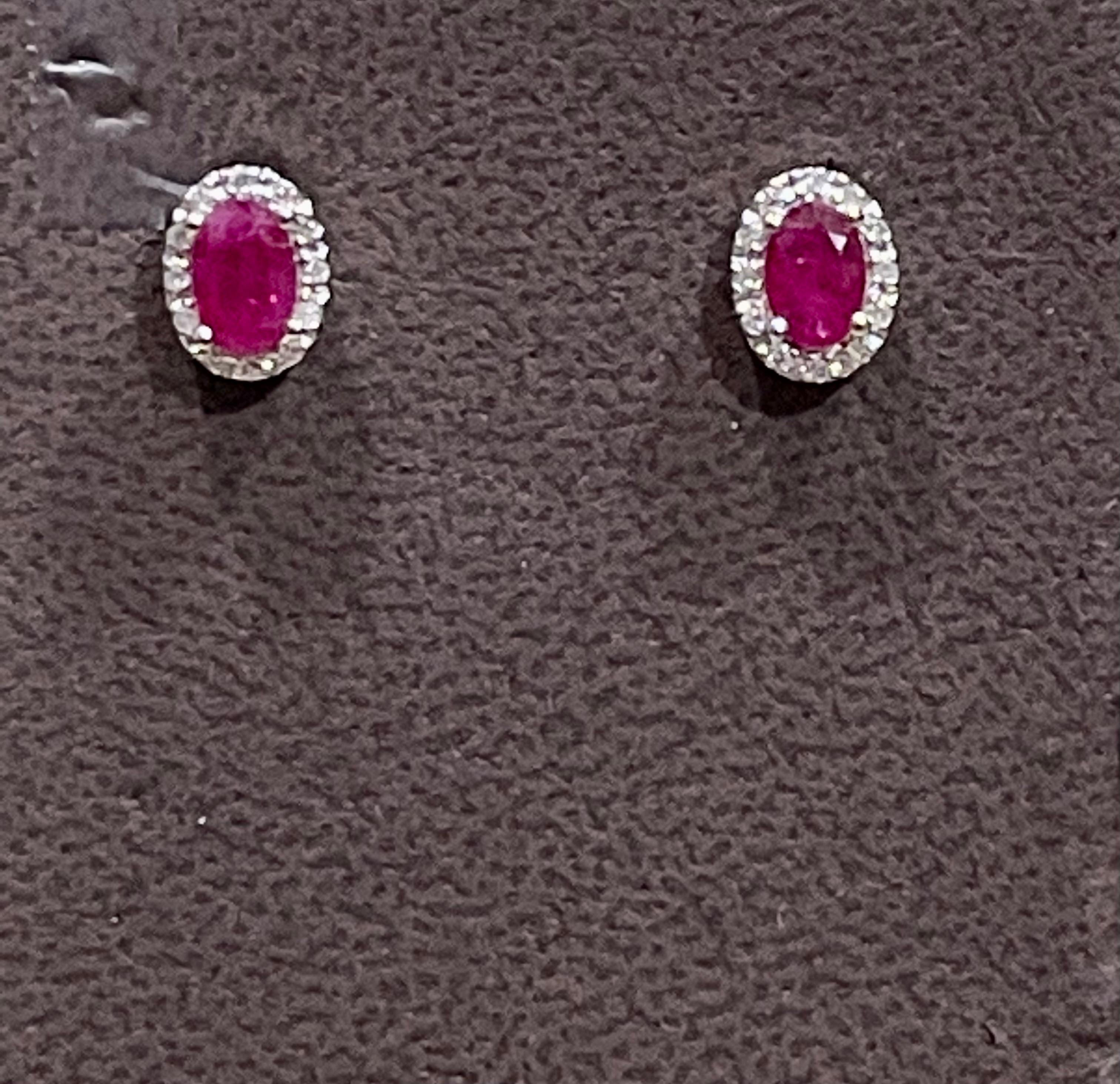 1 Carat Oval Natural Ruby and Diamond Stud Post Earrings 14 Karat White Gold For Sale 2