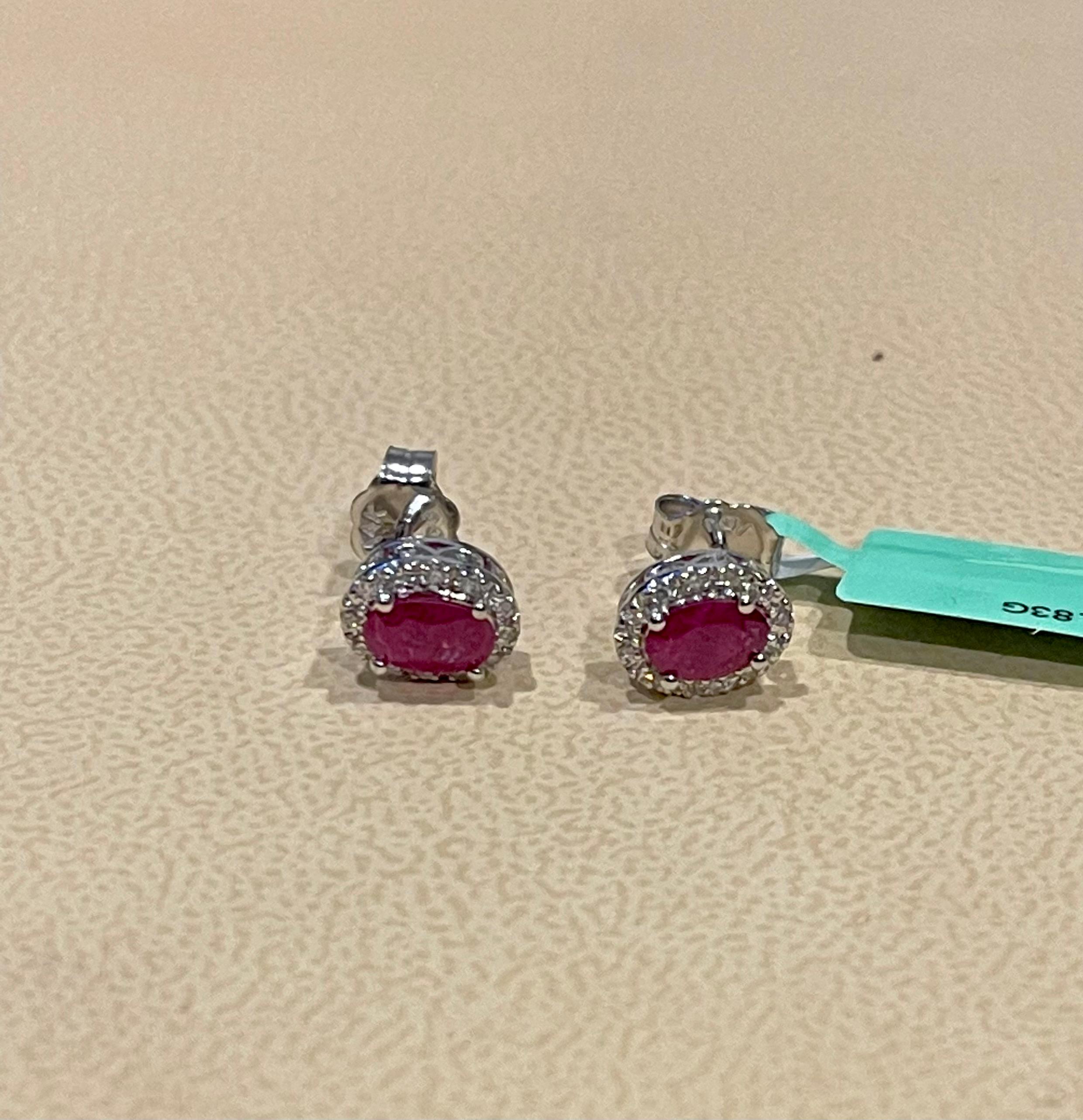1 Carat Oval Natural Ruby and Diamond Stud Post Earrings 14 Karat White Gold For Sale 3