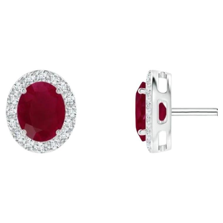 1 Carat Oval Natural Ruby and Diamond Stud Post Earrings 14 Karat White Gold For Sale