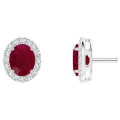 1 Carat Oval Natural Ruby and Diamond Stud Post Earrings 14 Karat White Gold