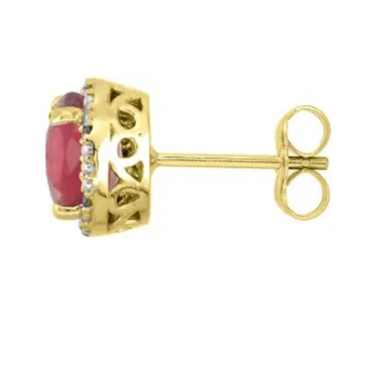 Oval Cut 1 Carat Oval Natural Ruby and Diamond Stud Post Earrings 14 Karat Yellow Gold For Sale