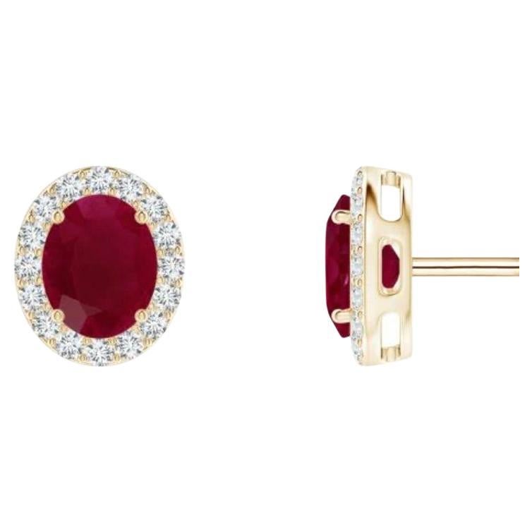 1 Carat Oval Natural Ruby and Diamond Stud Post Earrings 14 Karat Yellow Gold For Sale