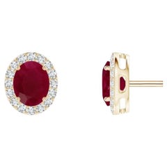 1 Carat Oval Natural Ruby and Diamond Stud Post Earrings 14 Karat Yellow Gold