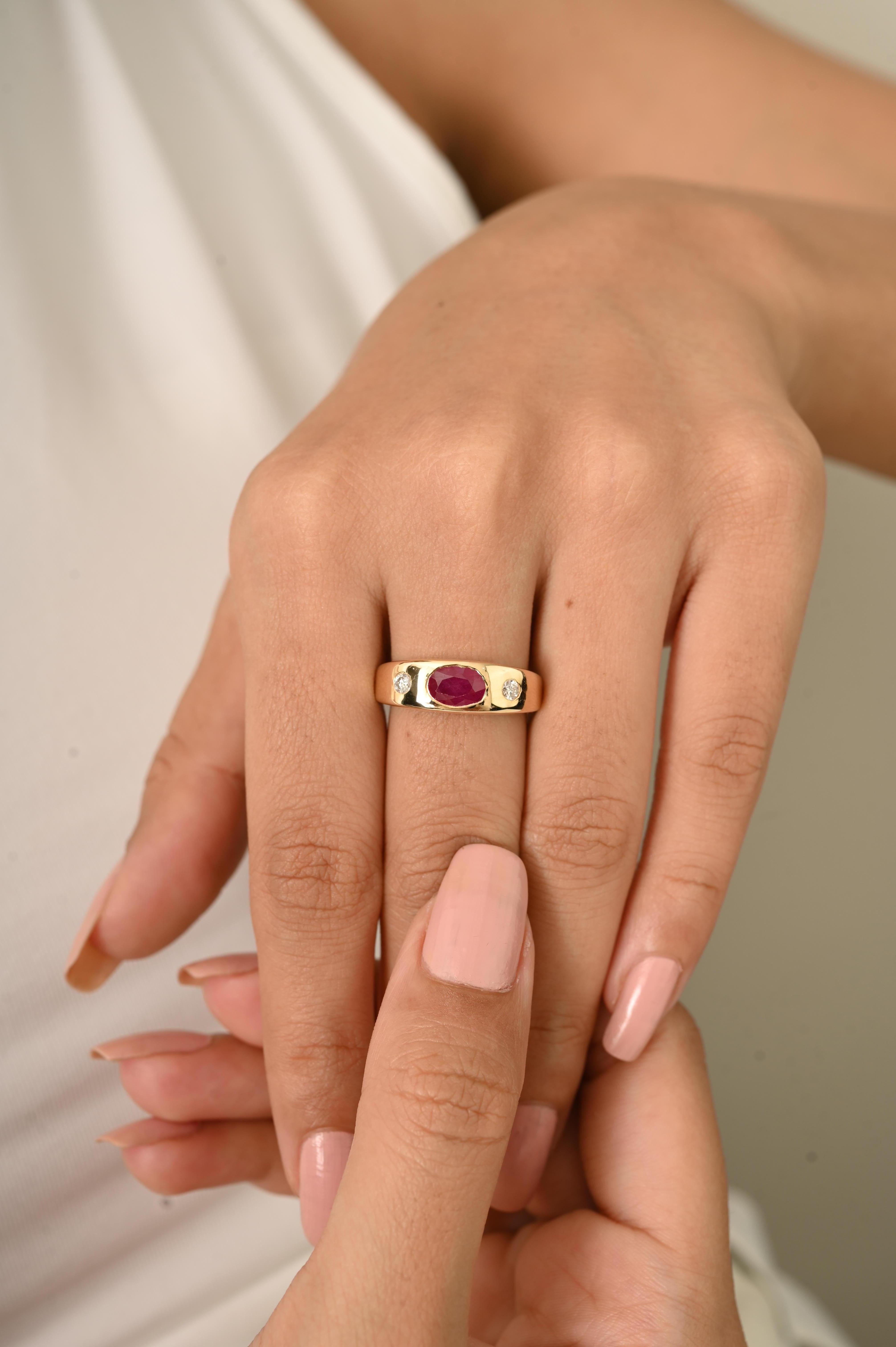 Im Angebot: 1 Karat Oval Rubin und Diamant Dome Band Ring in 14K Gelbgold Handmade Schmuck () 6