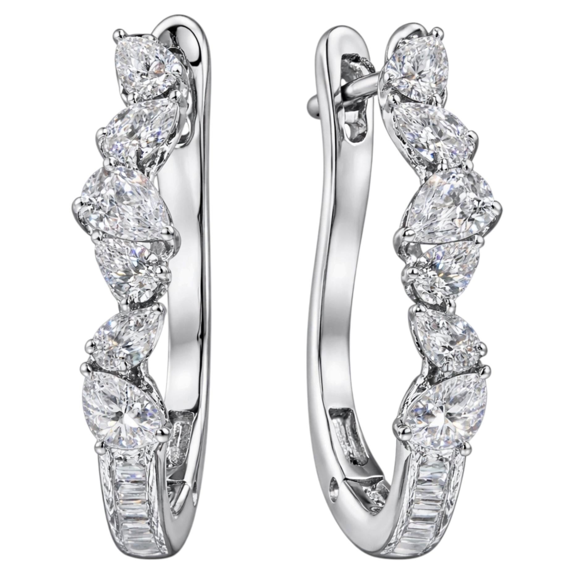 Natural Diamond Pear Shape Hoop Earrings 1.00 Carat 18K White Gold